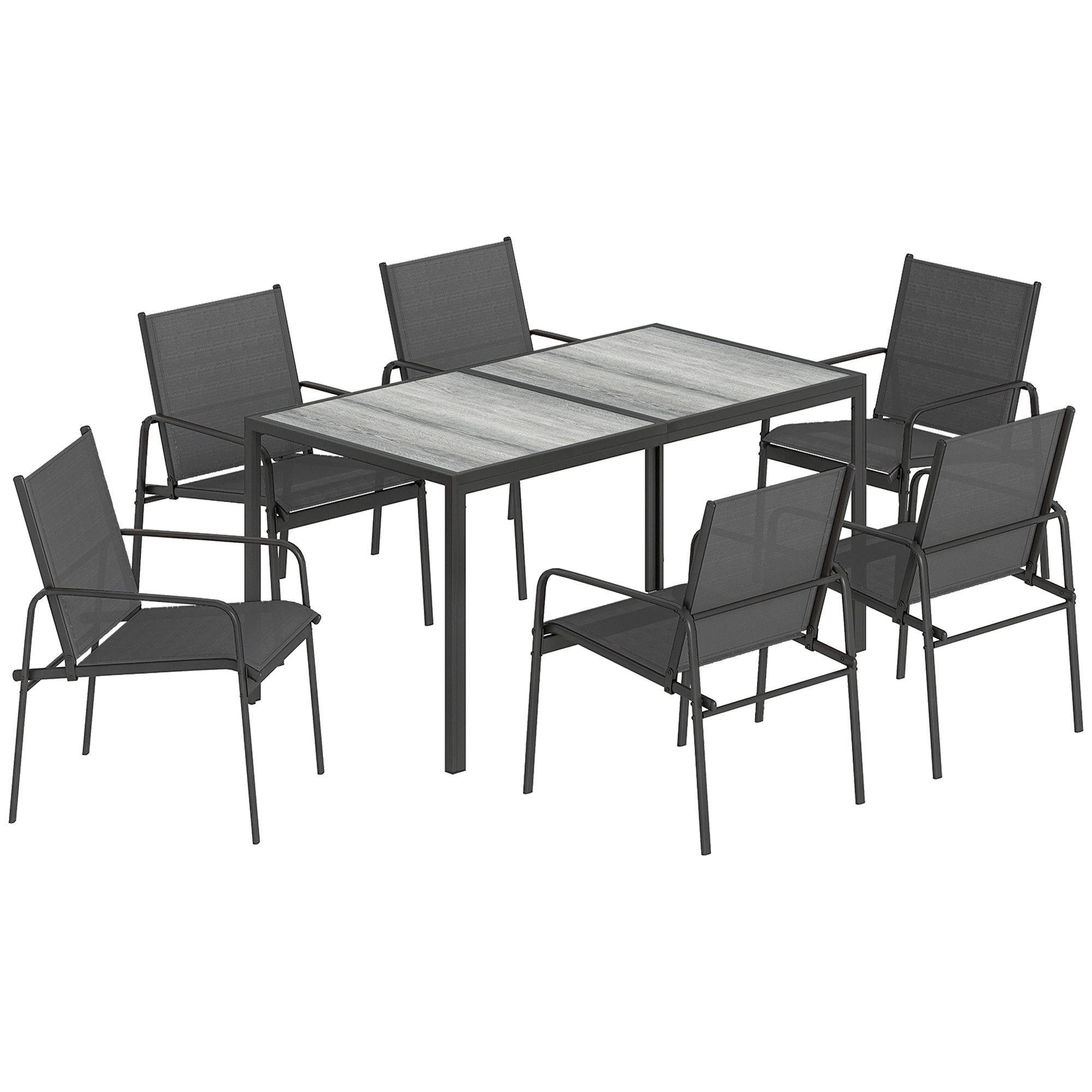 Outsunny Gartenmöbel Set Sitzgruppe 150 x 80cm Tisch mit 6 Atmungsaktiven Stühlen Holzoptik Stahlrahmen, wetterfest Essgruppe Gartenset Gartengarnitur für Garten Balkon Terrasse Schwarz Aosom