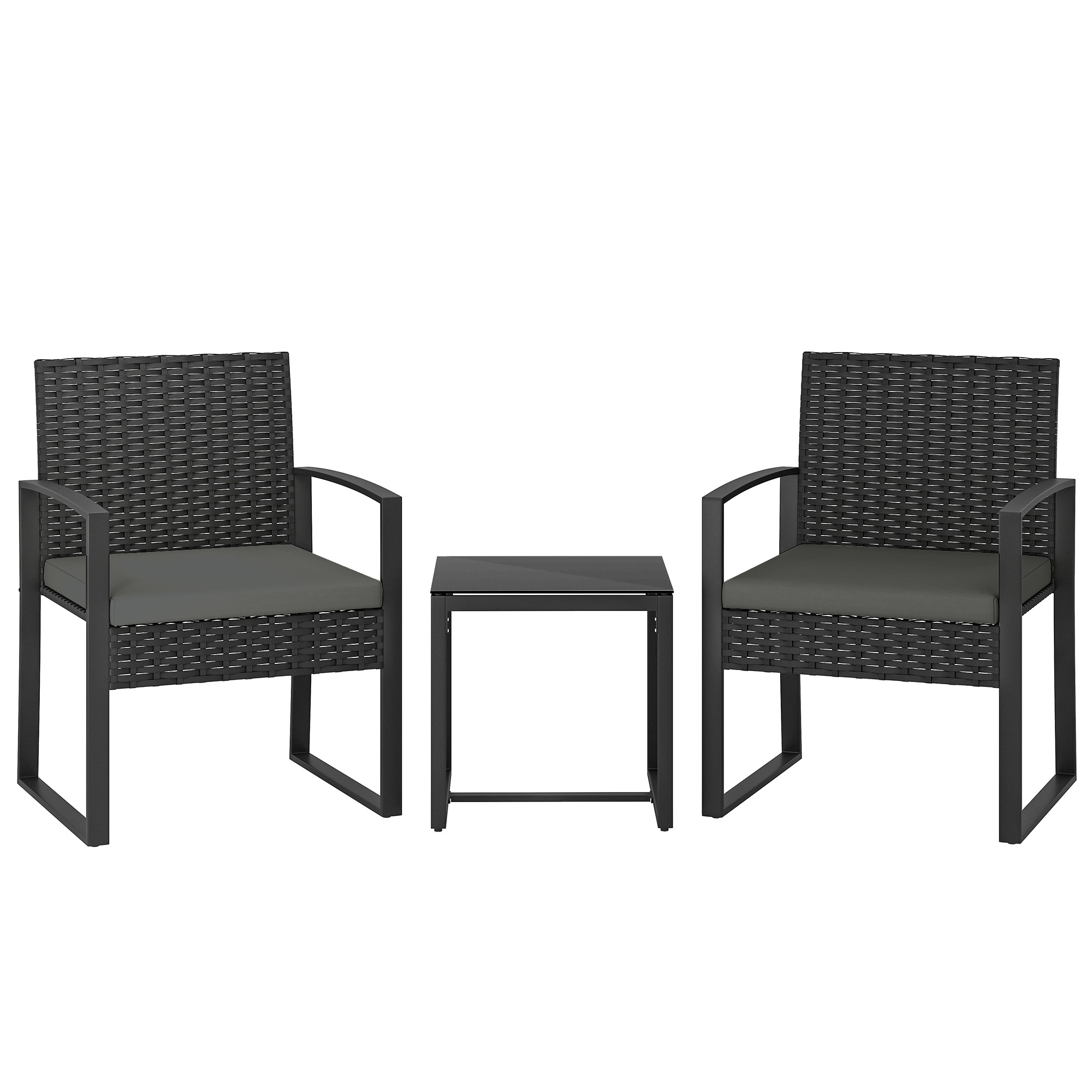 Outsunny Rattan Bistroset, 3 teiliges Gartenmöbel-Set mit 2 Gartenstühlen, Couchtisch, abnehmbar Kissen, Balkonmöbel-Set Sitzgruppe Gartengarnitur für Garten, Terrasse, Dunkelgrau Aosom