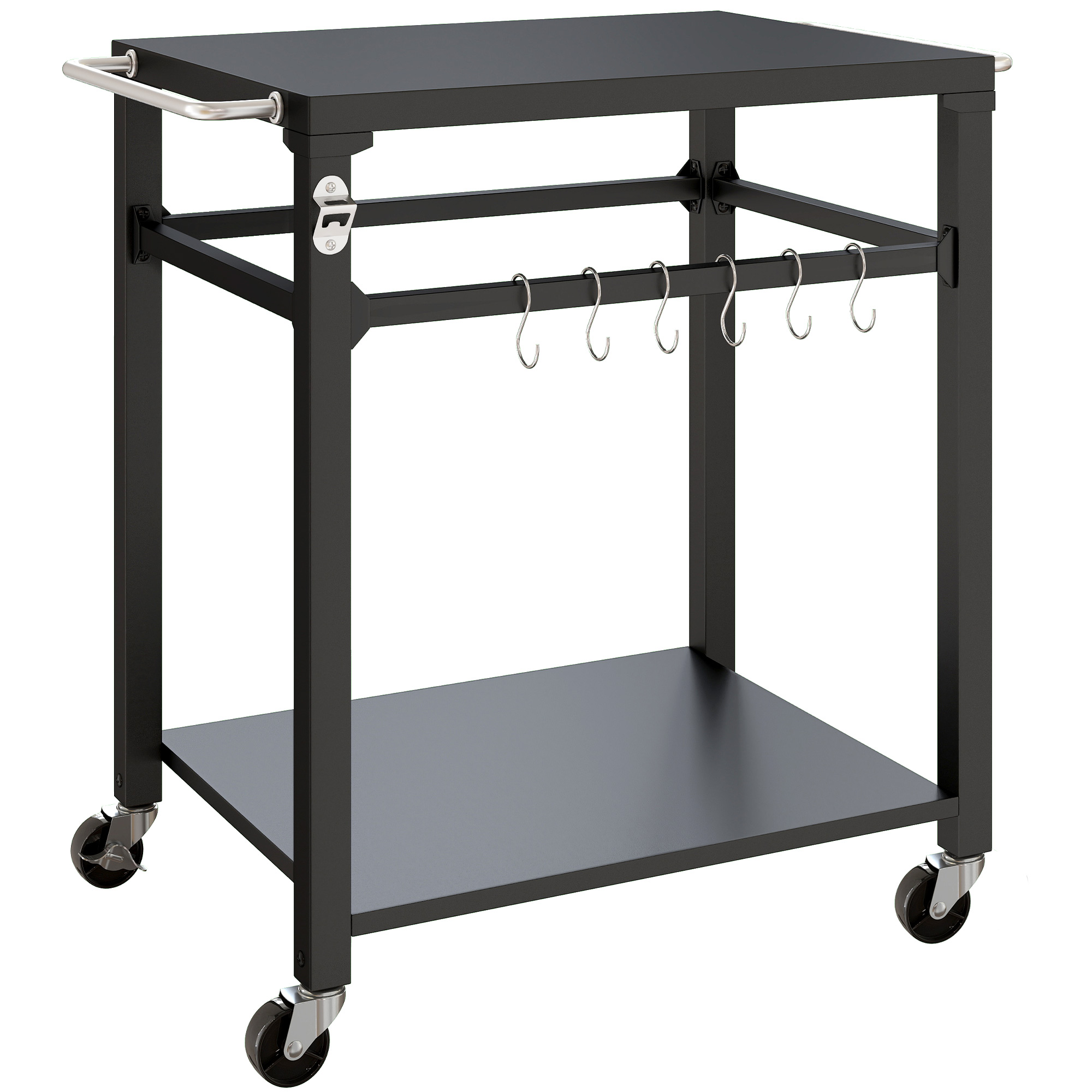 Outsunny Outdoor-Grillwagen, Pizzaofen-Stand mit Metalloberfläche, 2-stufige rollende Küchenstation mit Haken, Griff, abschließbaren Rädern, Schwarz   Aosom