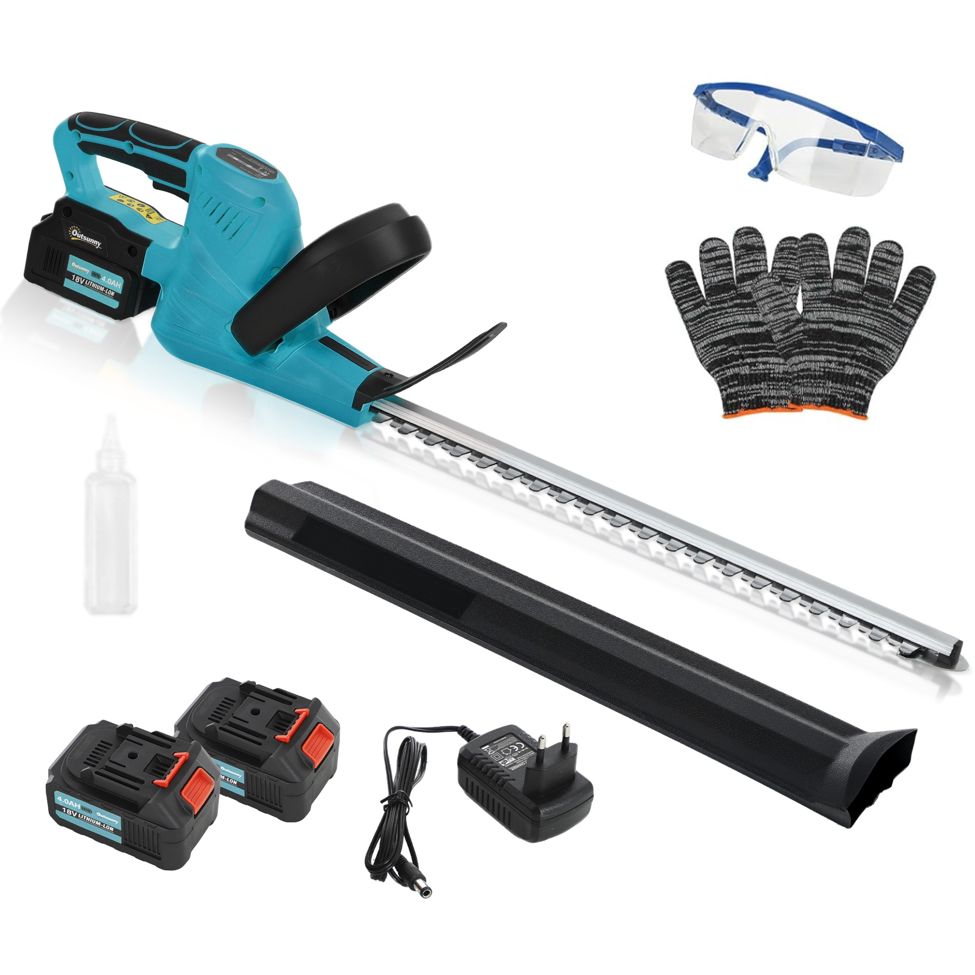 Outsunny Elektro Heckenschere Akku Elektrischer Heckenschneider mit 51cm Schnittlänge, Bürstenlosem Motor, 2 Akkus, Kabellos, Metall, für Äste, Sträucher, Zweige, Blau Aosom