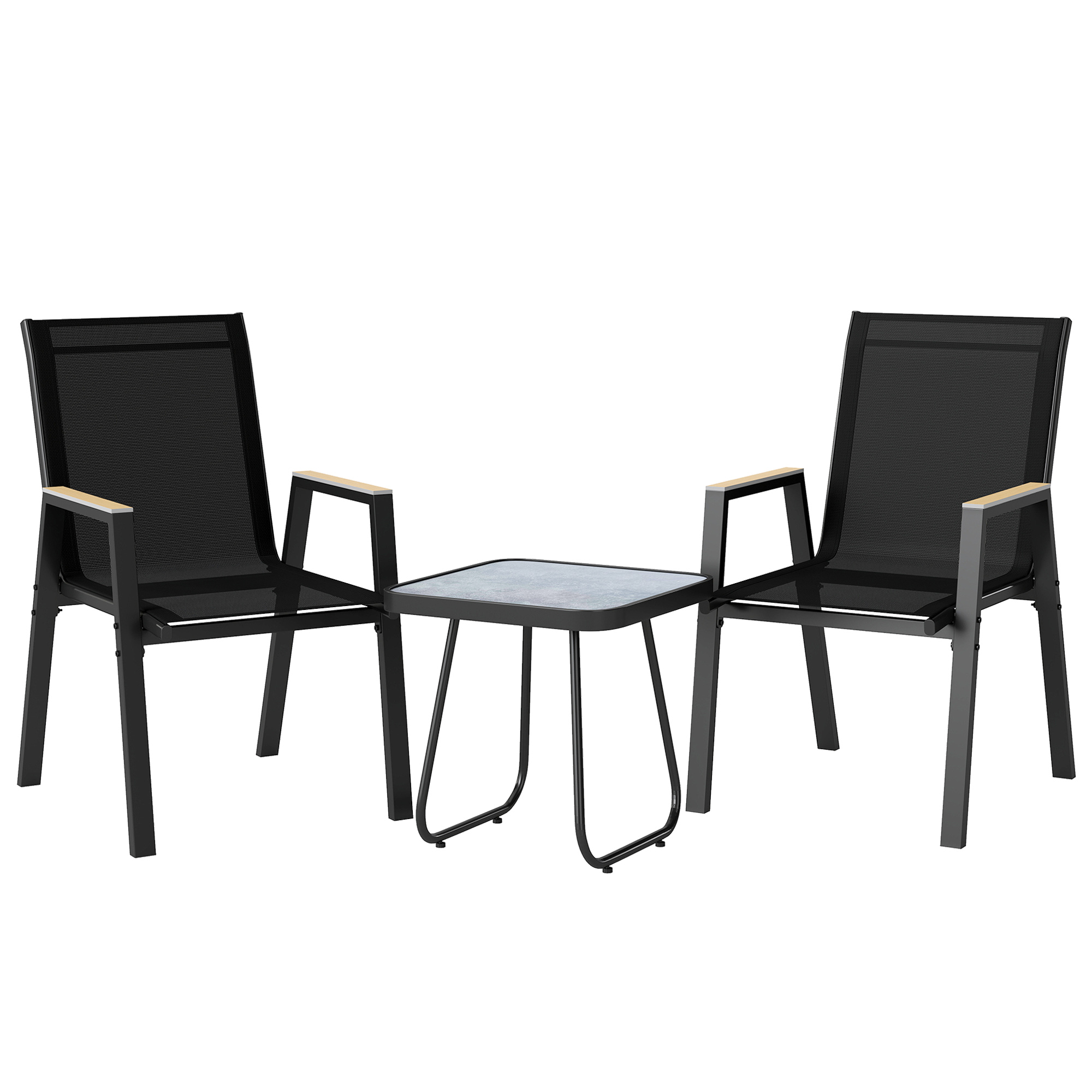Outsunny Balkonmöbel Set 3 teilig Gartenmöbel Set mit Tisch 2 Stühle Atmungsaktiv Sitz Holzmaserung, Rutschfest Balcony Furniture Sitzgruppe für Garten Balkon Schwarz Aosom