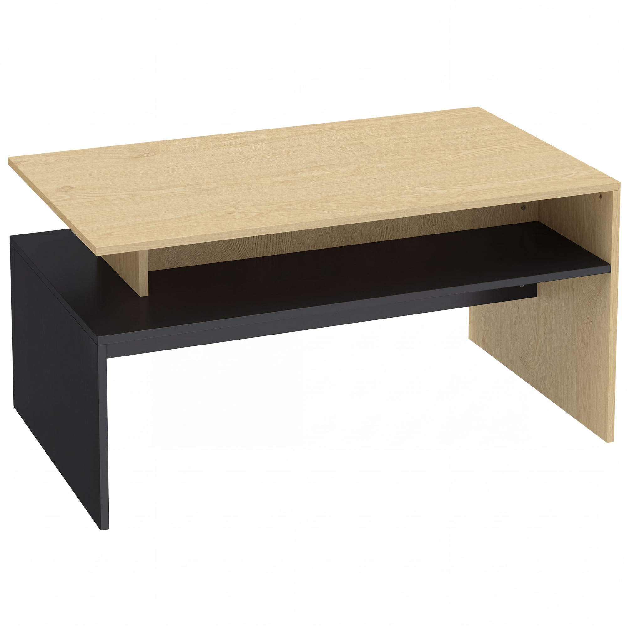 HOMCOM Rechteckiger Couchtisch, Moderner zweifarbiger Couchtisch mit versetzten Ebenen und Ablagefach, 95 x 55 x 50 cm, Naturholz und Schwarz   Aosom
