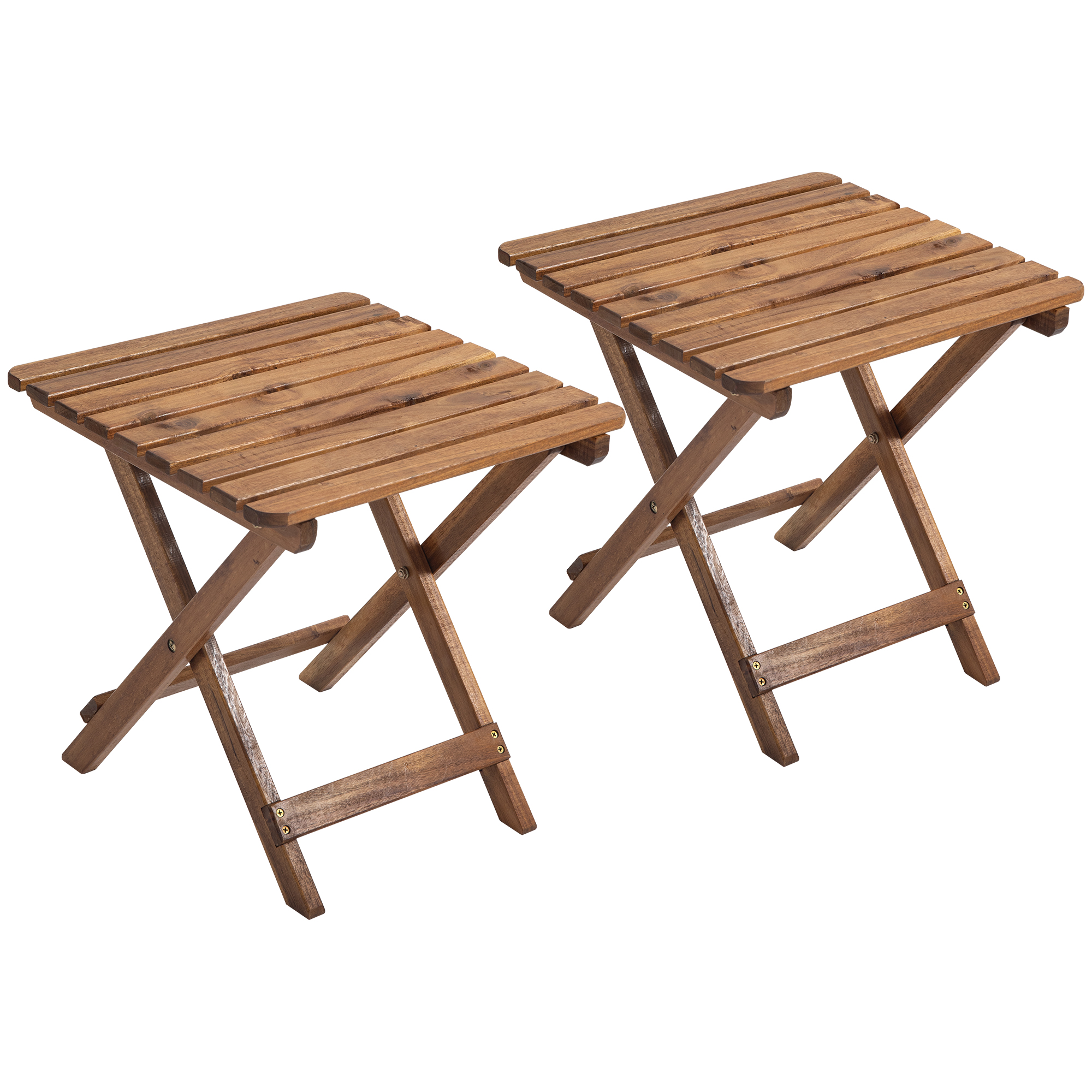 Outsunny Beistelltisch Outdoor, 2er-Set Gartentisch, Klappbar Campingtisch aus Holz, Klapptisch für Garten, Balkon, Teak, 45 x 45 x 45 cm   Aosom