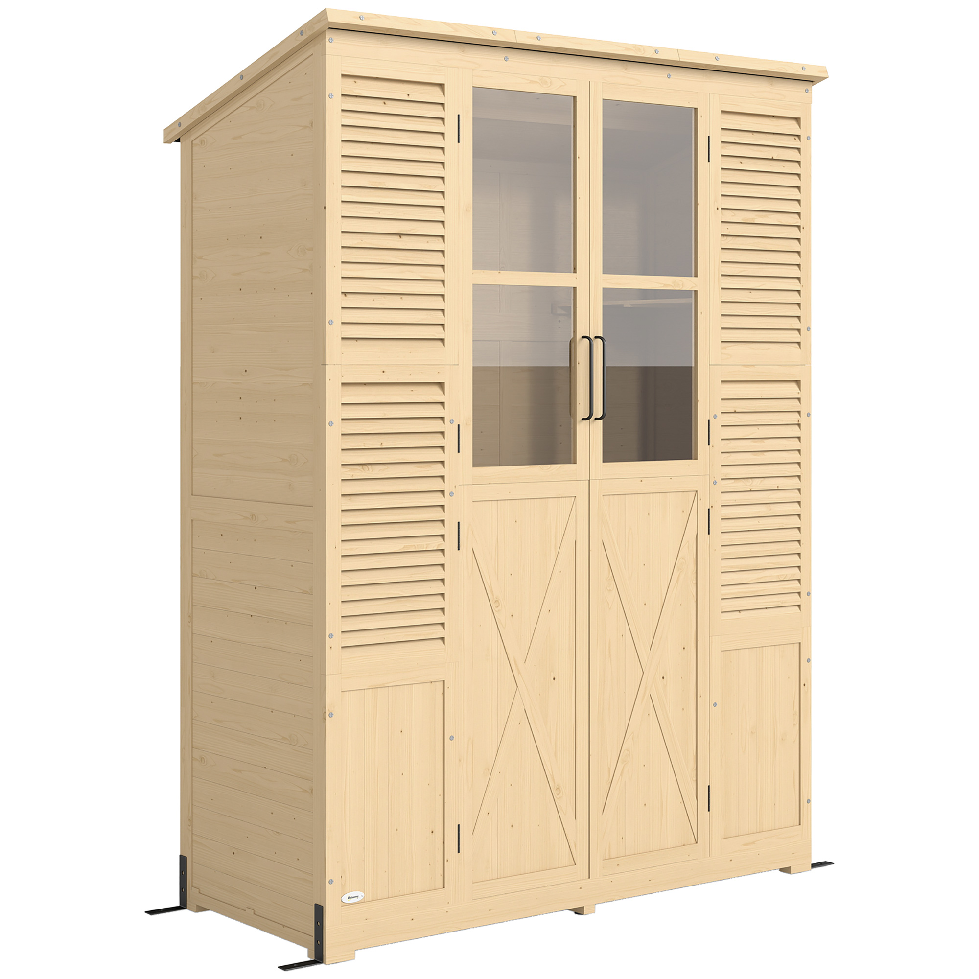 Outsunny Gartenschrank Holz Begehbarer Geräteschuppen mit Ablage Acrylfenstern Doppeltür Asphalt-Dach Lamellenlüftung Bodenplatte 147x68x198cm Geräteschrank mit verstellbare Füße Antikipp Gerätehaus   Aosom