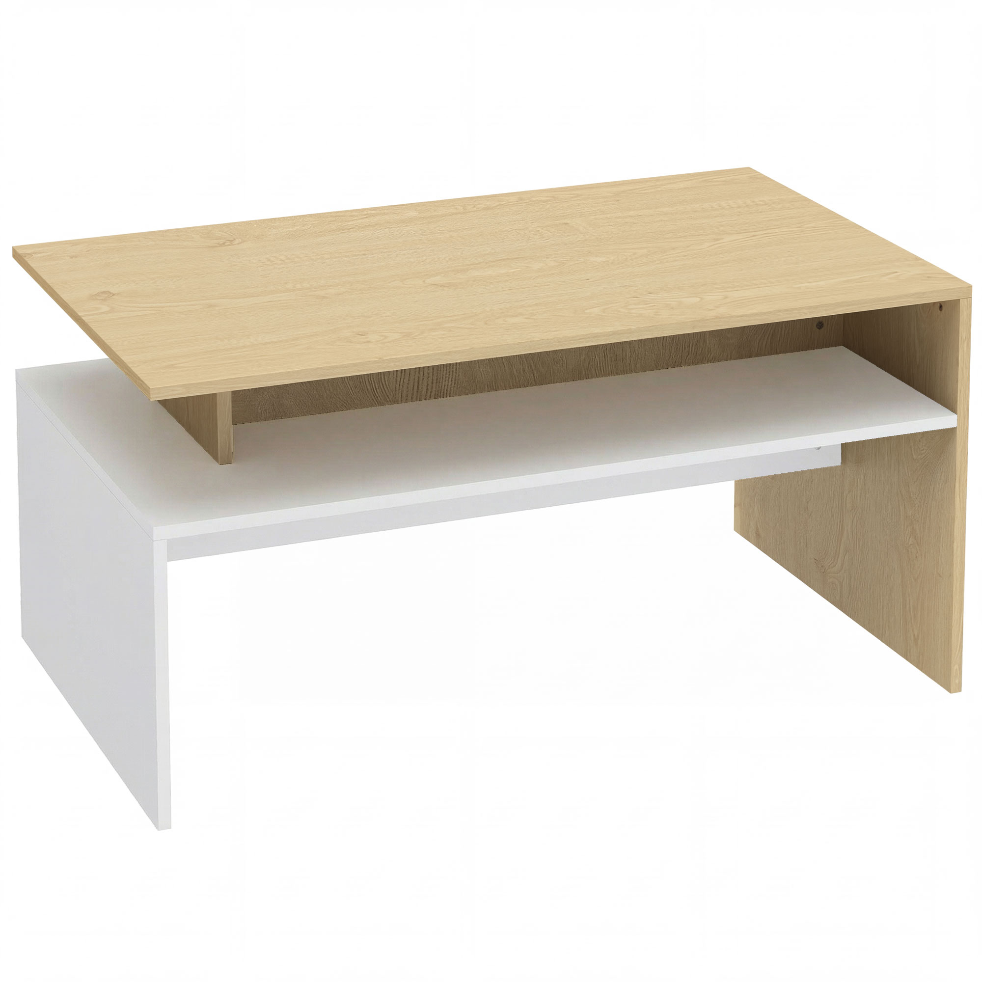 HOMCOM Couchtisch, Moderner zweifarbiger Wohnzimmertisch mit versetztem Ablagefach, Wohnzimmertisch für Zuhause und Büro, 95 x 55 cm, Naturholz und Weiß   Aosom