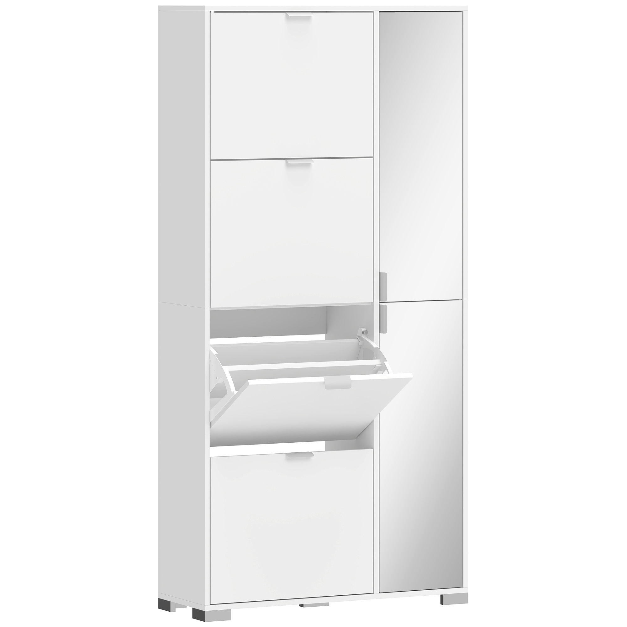 HOMCOM Schuhschrank für 16 Paar, schmaler Schuhschrank mit 4 kippbaren Fächern, 2 Spiegeltüren und verstellbaren Einlegeböden, moderner Stil, für Flur, Eingang, 82 x 30 x 168 cm, weiß   Aosom