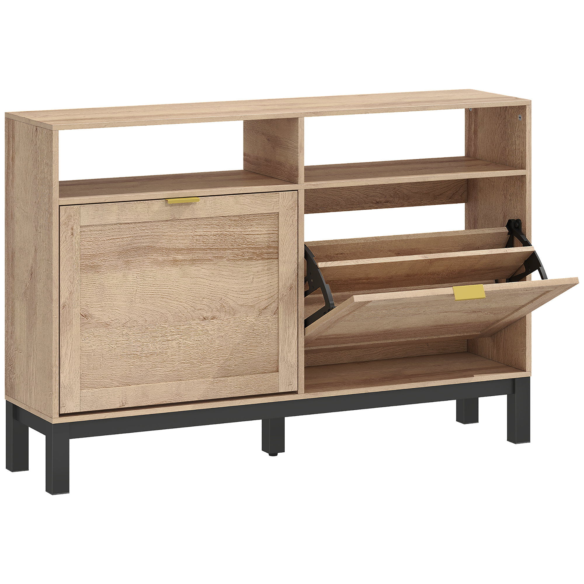 HOMCOM Platzsparender Slim-Schuhschrank mit 2 Klappen, Schuhschrank für 8 Paar mit abnehmbaren verstellbaren Fächern, offene Regale, erhöhter Sockel, Holz-Schuhschrank mit Griff, Nussbaumfarbe   Aosom