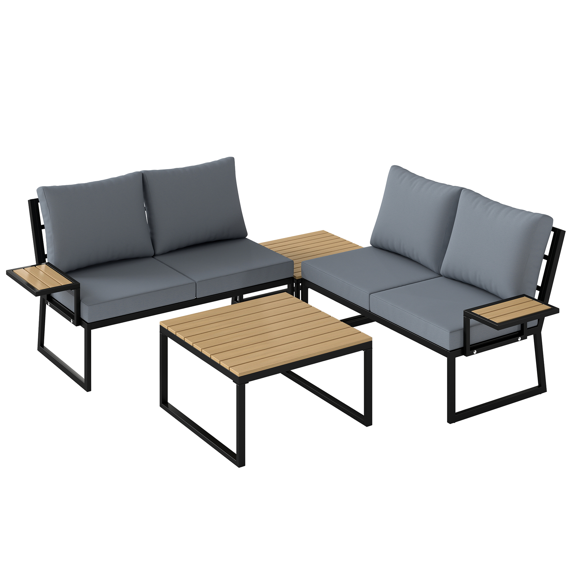 Outsunny Gartenmöbel Set L-Form Metall Sitzgruppe für 4 Personen Gartenlounge mit 2er Sofa Kissen 2 stapelbar Beistelltisch Outdoor Balkonmöbel-Set Terrassenmöbel für Garten Balkon Teak   Aosom