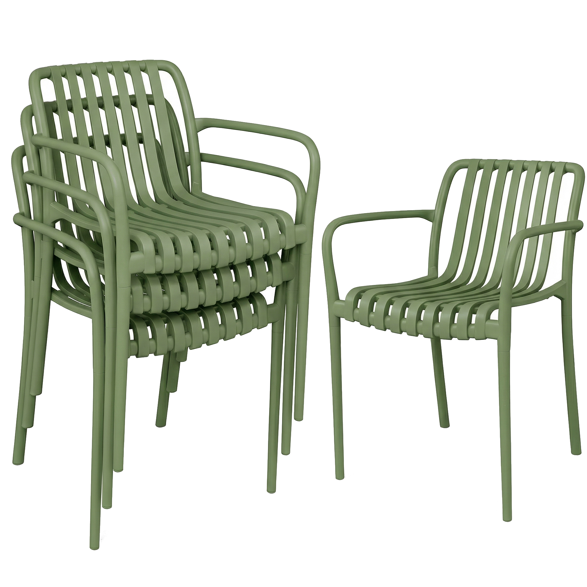 Outsunny 4er-Set stapelbare Gartenstühle aus UV-beständigem PP, Outdoor-Essstühle mit ergonomischer Lamellen-Rückenlehne und Armlehnen, für Patio Balkon Terrasse Innen/Außen, 55x58.5x81.5 cm, Dunkelgrün   Aosom