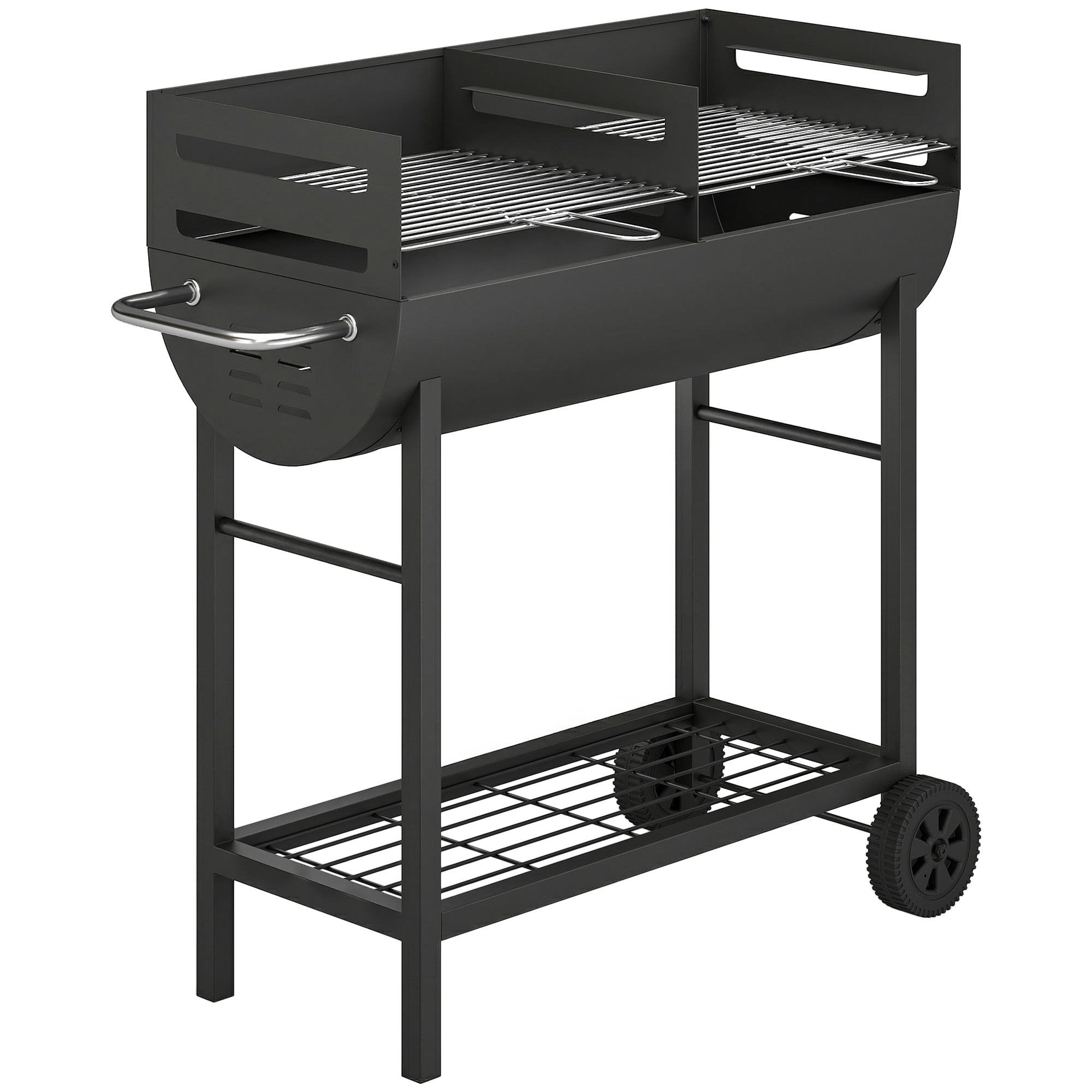 Outsunny Holzkohlegrill Grillwagen mit 2 Grillzonen höhenverstellbarer Grillrost Holzablage Räder Seitengriff, fahrbar Holzkohle Grill für Terrasse Picknick Party 103 x 46,5 x 100 cm Schwarz   Aosom