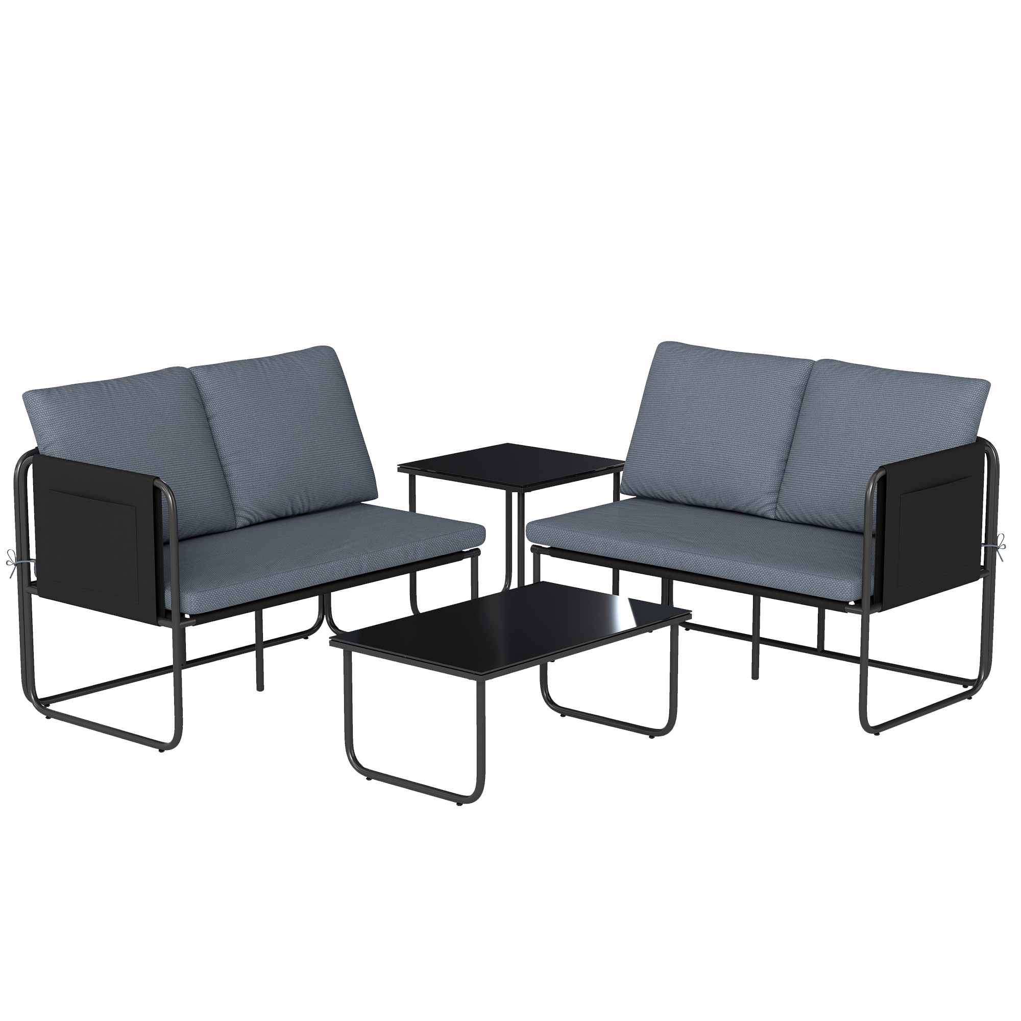 Outsunny 4-teiliges Gartenmöbel-Set, Gartenmöbel mit 2 Zweisitzer-Sofas, 2 Glastischen, Kissen, abnehmbare Bezüge, Taschen, atmungsaktives Textilene, Stahlgestell, Grau Aosom