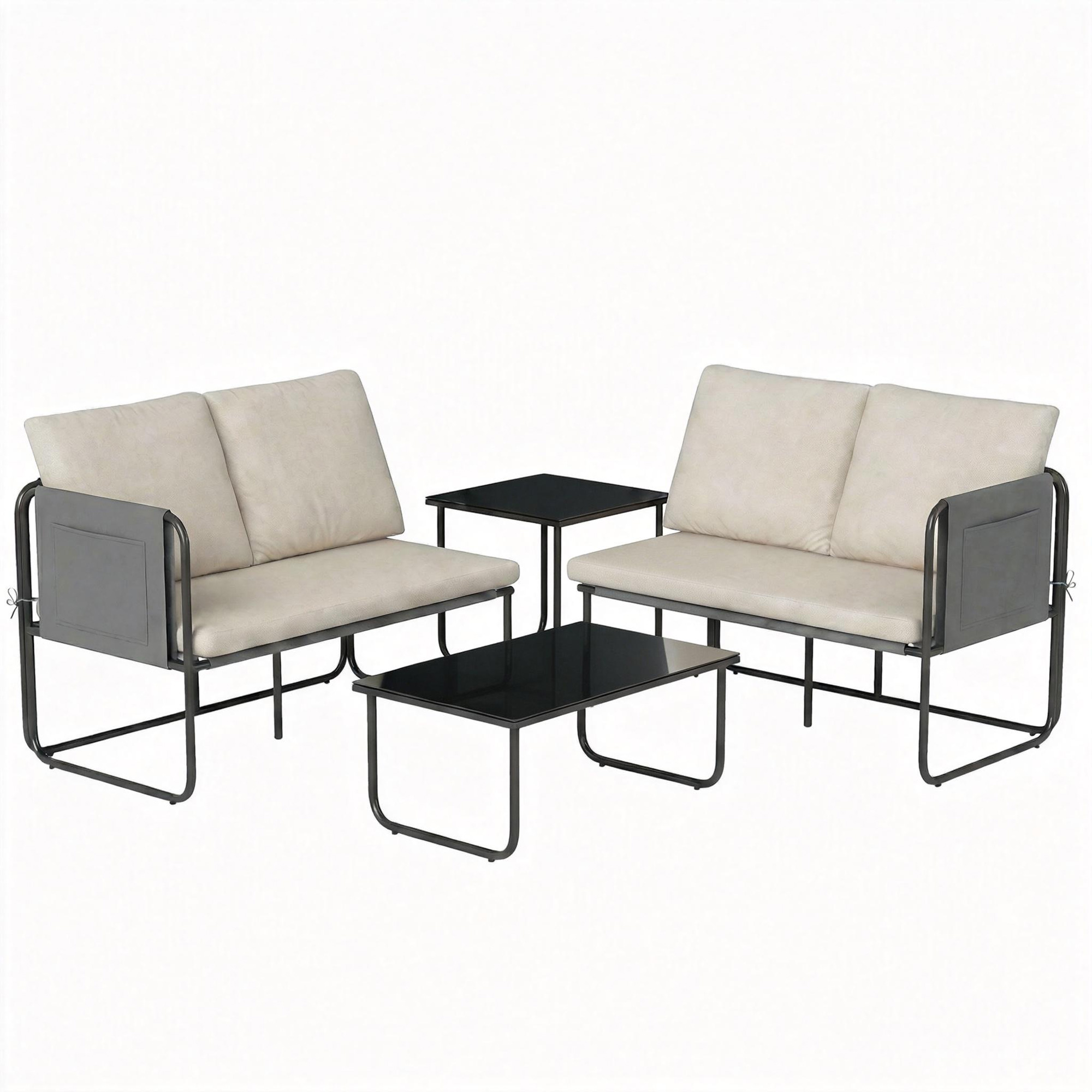 Outsunny 4-teiliges Gartenmöbel-Set, Gartenmöbel für Außen mit 2 Zweisitzern, 2 Glastischen, Kissen, abnehmbare Bezüge, Taschen, atmungsaktives Textilene, Stahlgestell, Khaki   Aosom