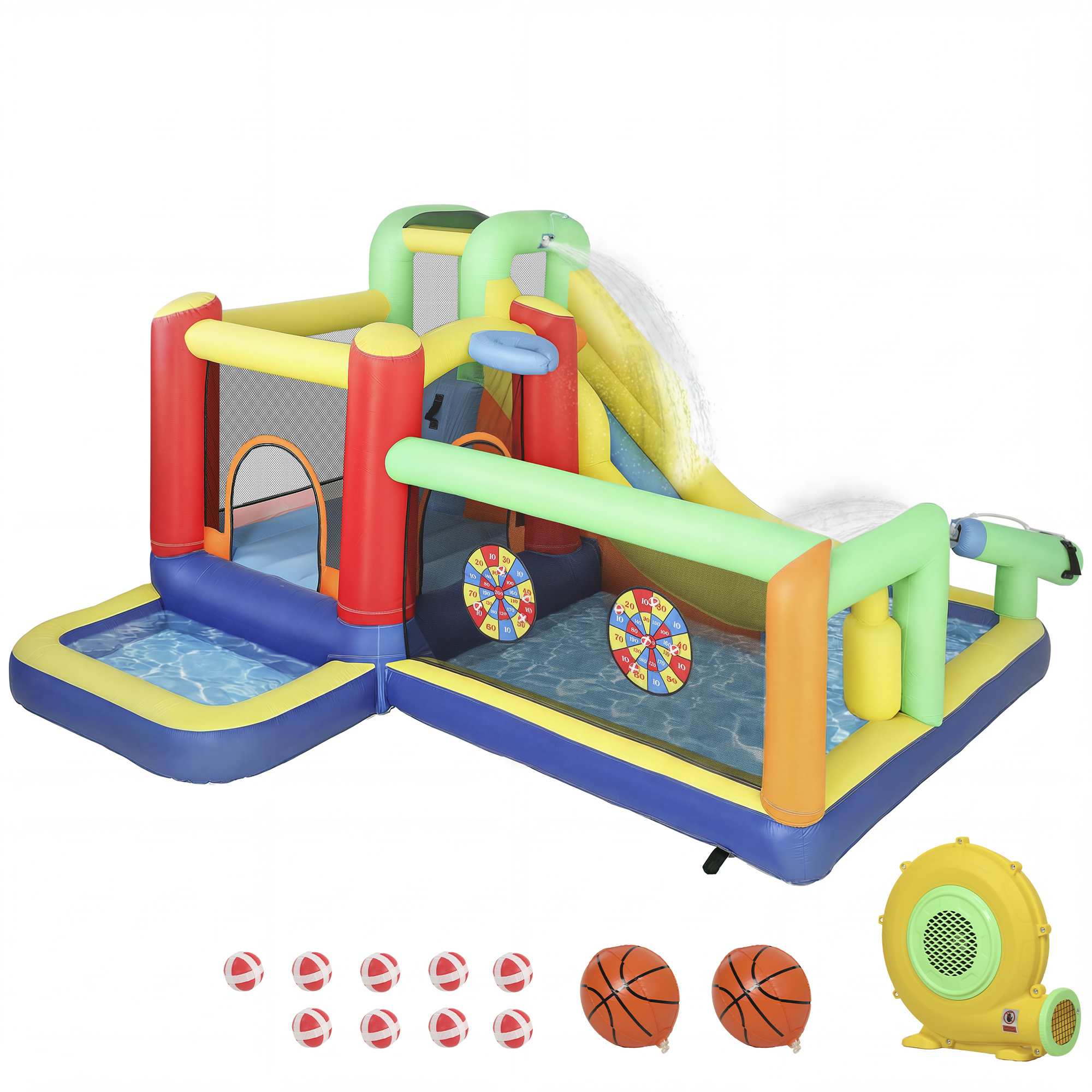 AIYAPLAY Hüpfburg mit Gebläse 9-in-1 Aufblasbare Wasserpark mit Rutsche Planschbecken Wasserpistole Kletterwand Basketballkorb Wasserspielcenter für 3-8 Jahre Kinder für Indoor Outdoor 330x290x185 cm   Aosom
