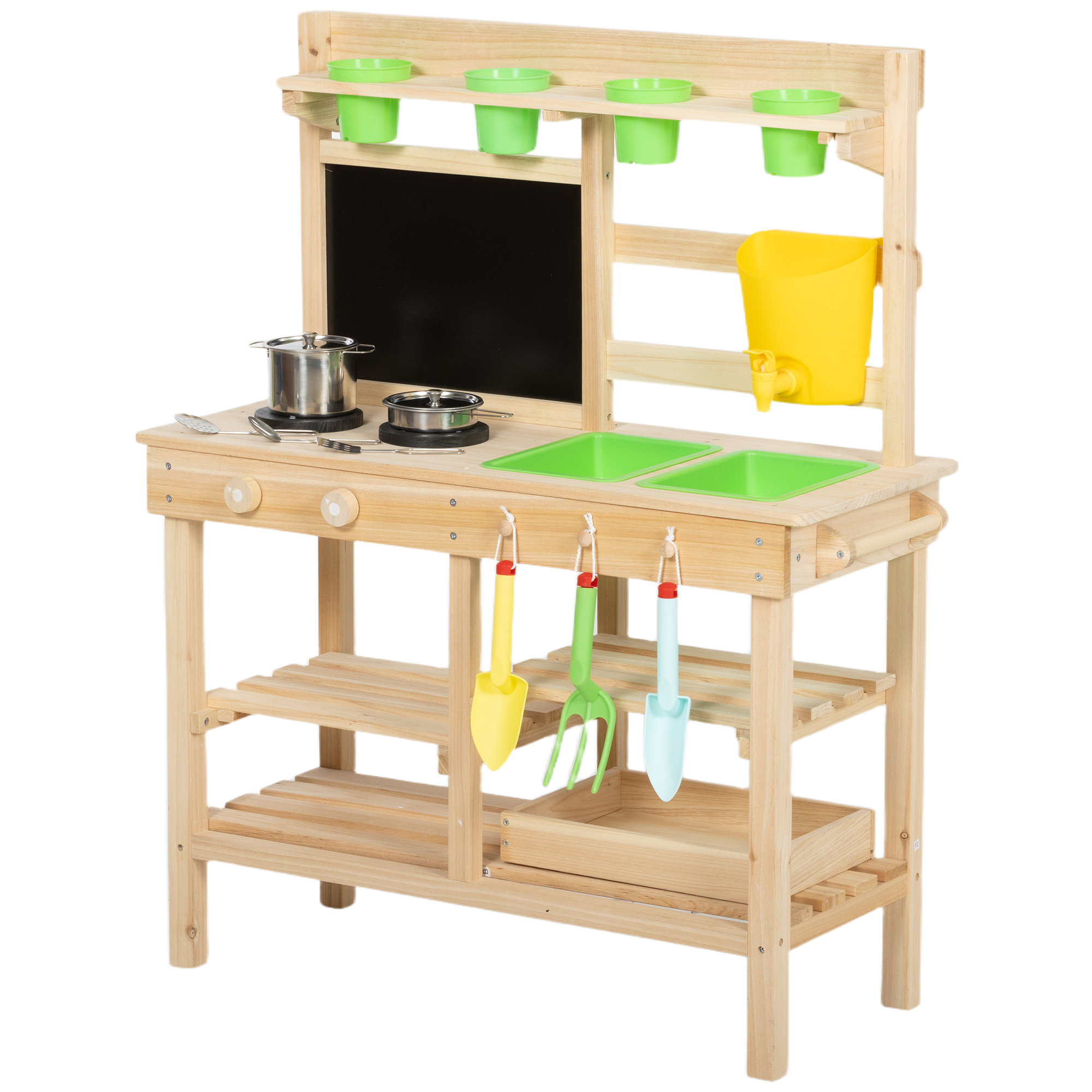 AIYAPLAY Matschküche Kinder Outdoor, Spielküche aus Holz mit Spüle, Herd, Pflanztöpfen, Tafel, Gartenwerkzeugen, Gartenspielküche Kinderküche für 3-6 Jahre Kinder, Naturholz   Aosom