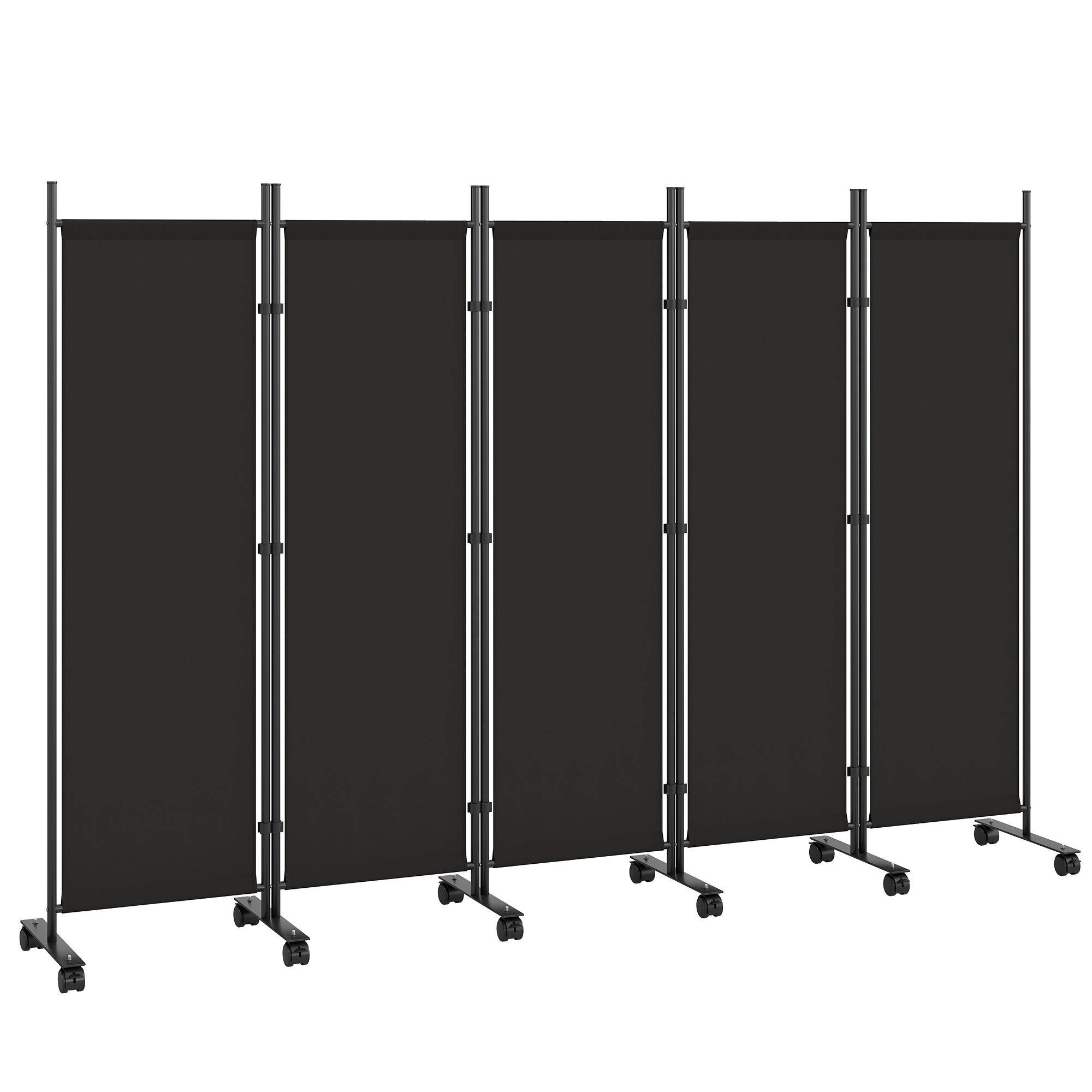 Outsunny Faltbarer Paravent für Innenbereich, 5 Paneele, 252x40x170 cm, freistehender Raumteiler aus Stahl mit 12 Rollen, Raumteiler für Zuhause, Wohnzimmer und Büro, Schwarz   Aosom