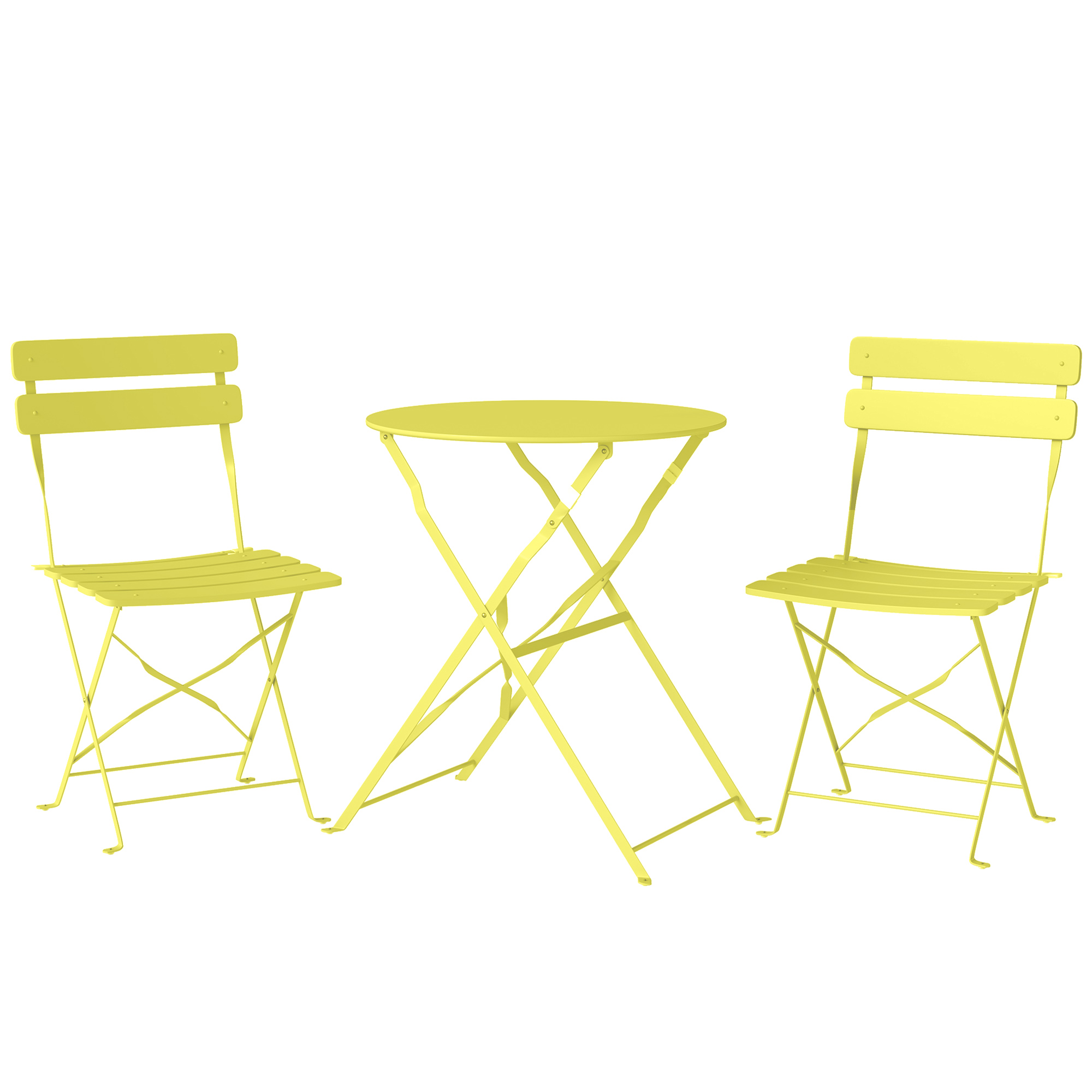 Outsunny 3-teiliges Garten Bistro Set Klappbar Bistrotisch mit 2 Stühlen Lamellen-Sitz Doppelt X-Beine, Rostbeständig Bistro Gartenmöbel Balkonmöbel Set Outdoor Balkonset für Garten Terrasse Gelb Aosom