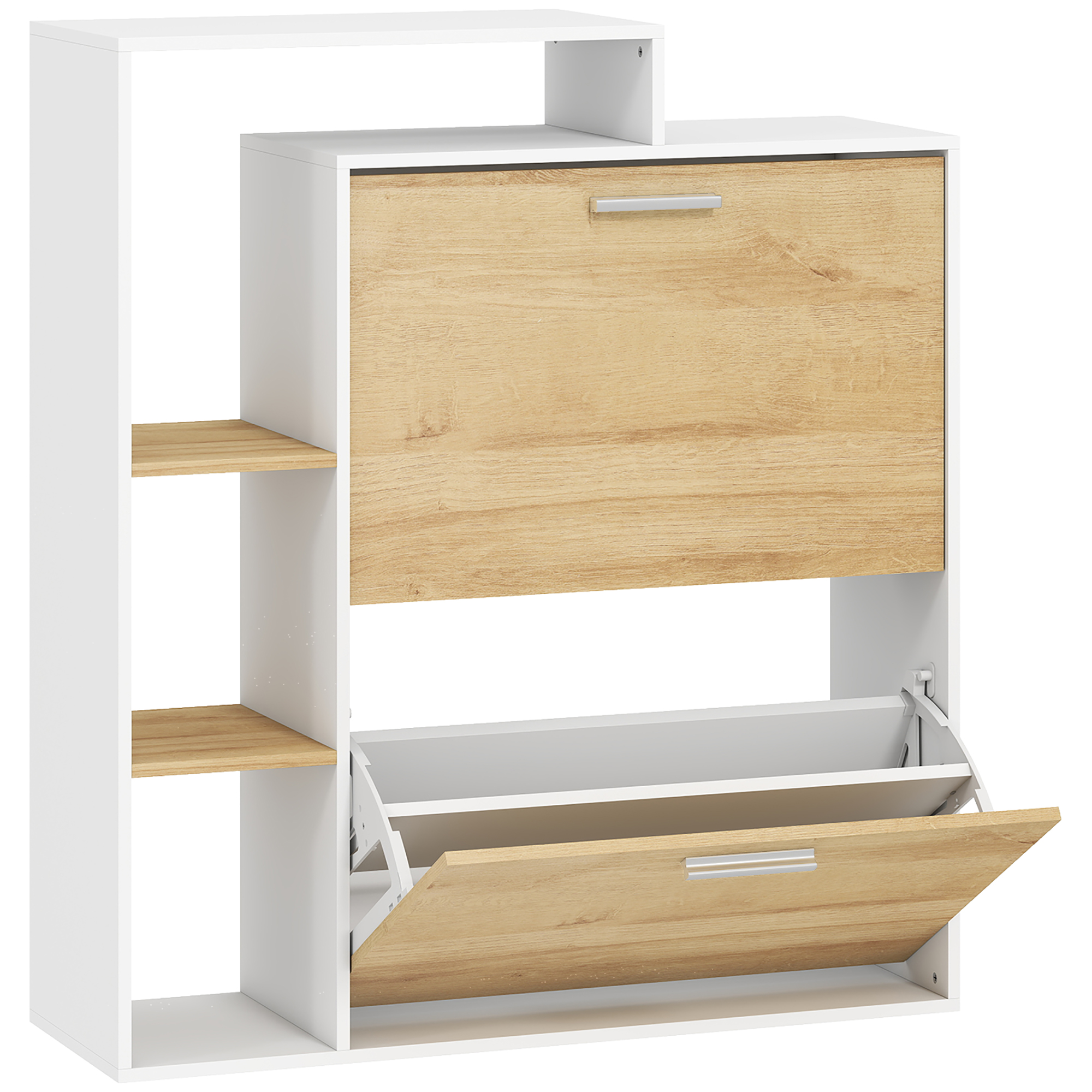 HOMCOM schlanker platzsparender Schuhschrank mit 2 Klapptüren, Schuhschrank für den Eingangsbereich mit verstellbaren Einlegeböden, 3 offene Fächer, Platz für 8 Paar, 80x26x90 cm, Weiß und Naturholzoptik   Aosom