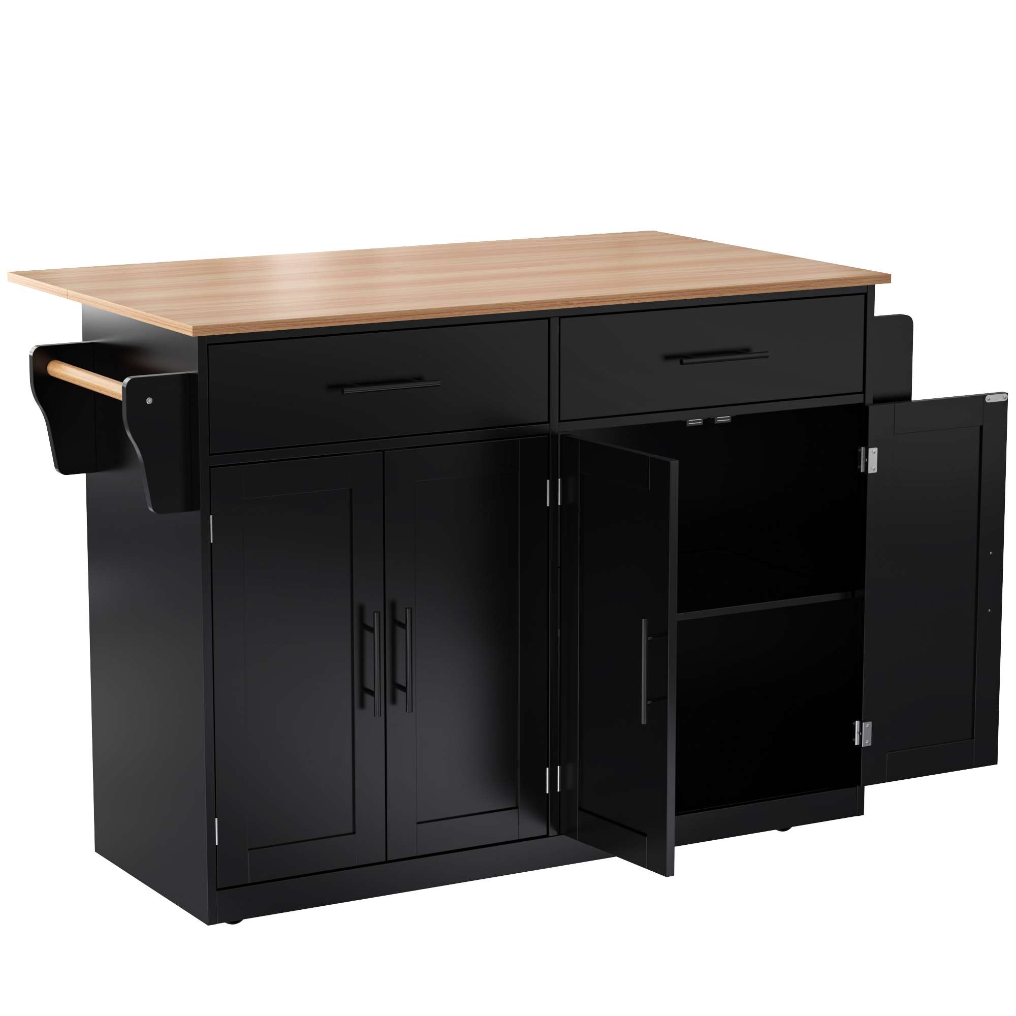 Servierwagen mit klappbarer Tischplatte, 2 Schubladen und Doppeltüren, 136x46/71x91,5 cm, Schwarz+Naturfarbe