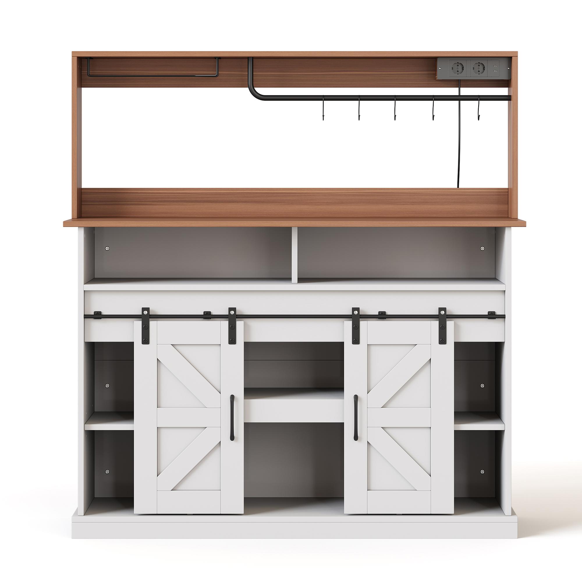 Kaffeebar-Sideboard, im Landhausstil mit Schiebetüren, Sideboard mit Stauraum, 120x40x130 cm, Weiß+Naturfarbe