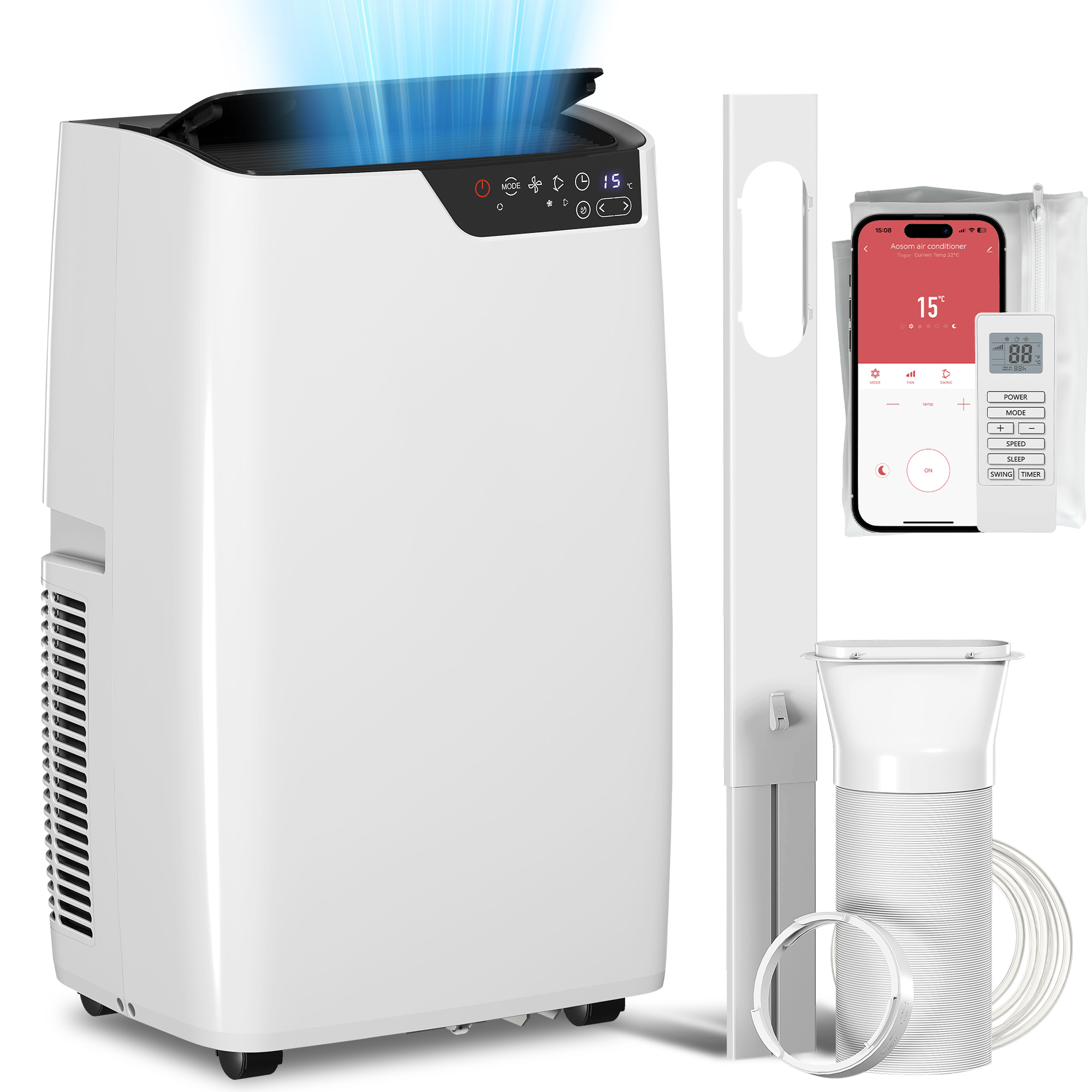 HOMCOM Mobiles Klimagerät mit Abluftschlauch 12000 BTU 3,5 kW, 4-in-1 Mobile Klimaanlage mit Kühlen, Ventilieren, Entfeuchten, Schlafmodus, WLAN-Sprachfernbedienung, Timer, für Räume bis 35㎡   Aosom