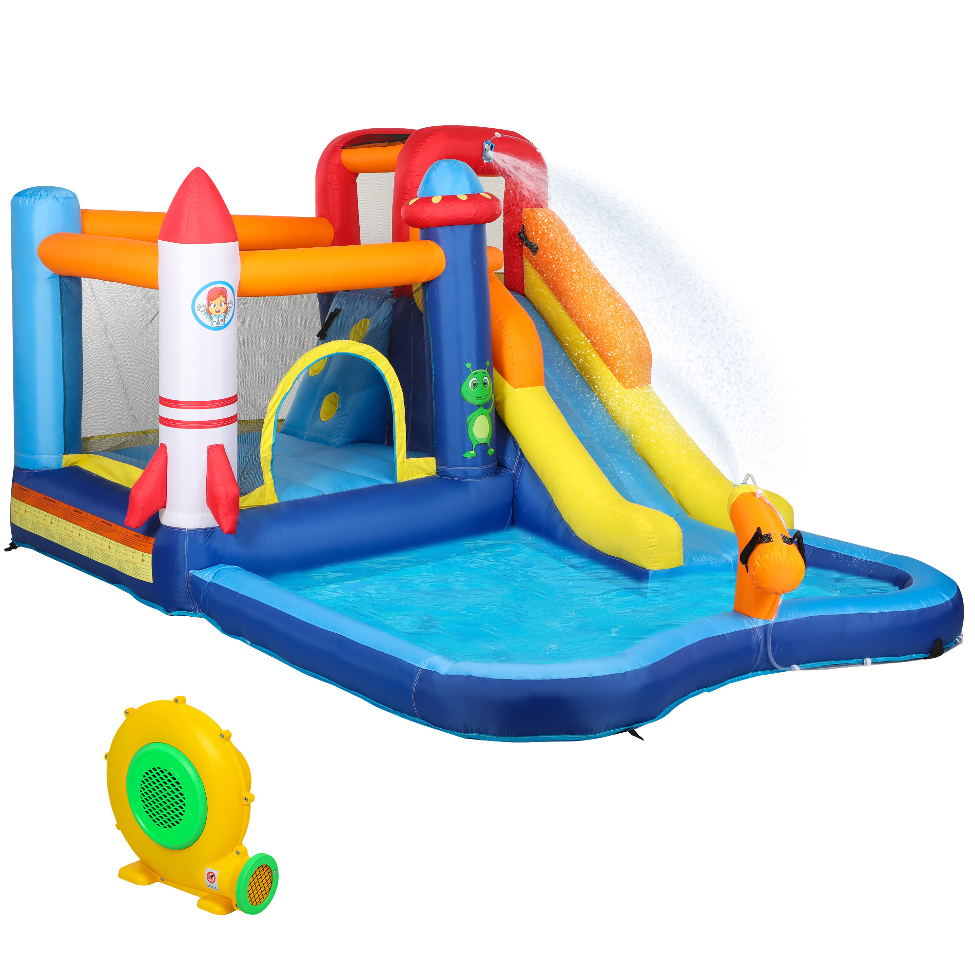 AIYAPLAY Hüpfburg mit Gebläse, Rutsche, Planschbecken, Kletterwand, Sprung, Wasserkanone, Aufblasbare Springburg mit Tragetasche für Indoor Outdoor für Kinder von 3-8 Jahren, 360 x 250 x 195 cm   Aosom