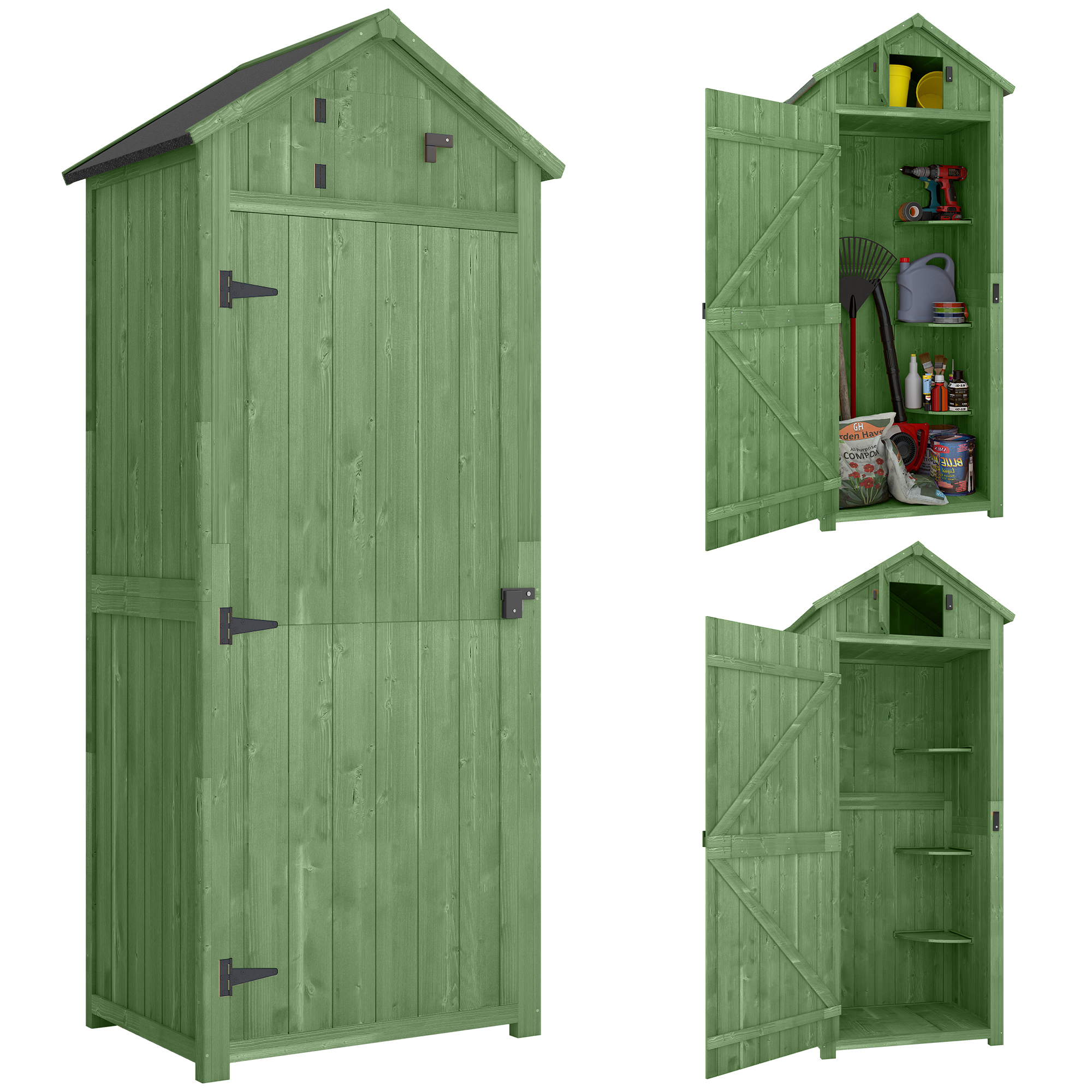 Outsunny Gartenschrank Holz Geräteschuppen mit 3 abnehmbar Ablage abschließbar Tür Asphalt-Satteldach Fenster, 77 x 54,2 x 179 cm erhöhter Geräteschrank Gerätehaus für Garten Terrasse Grün   Aosom