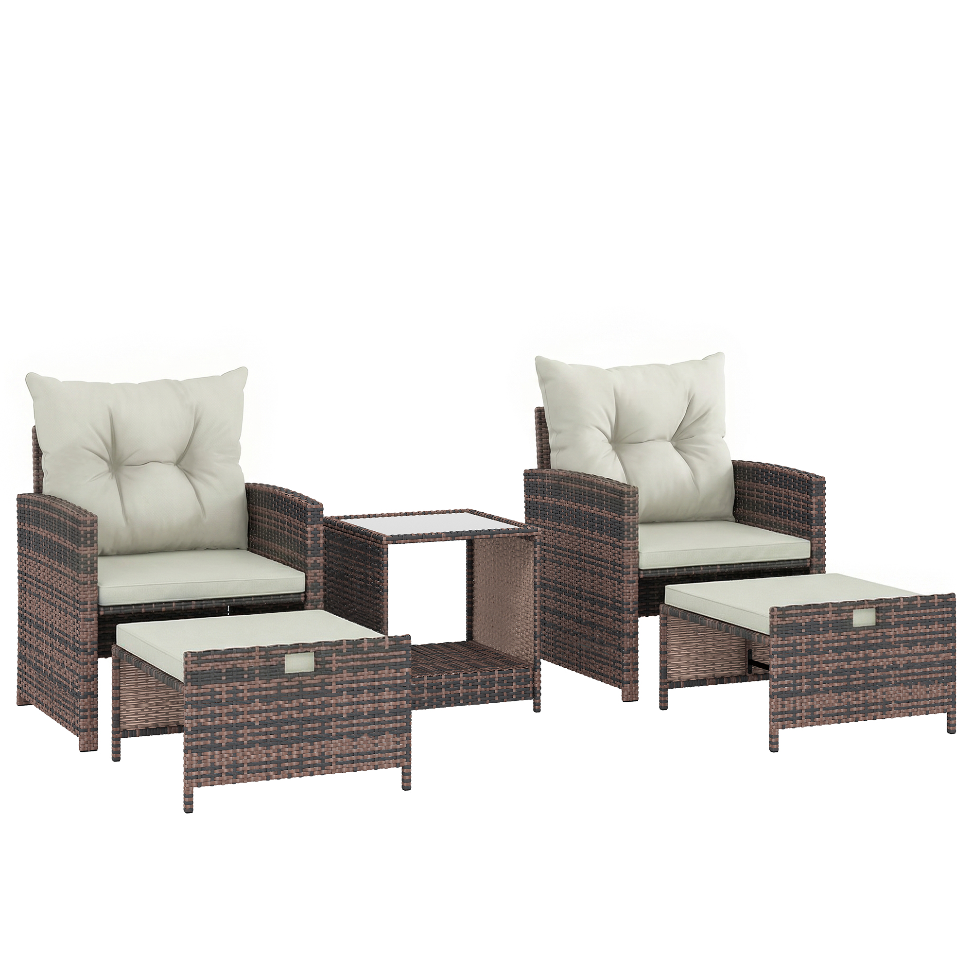Outsunny Rattan Gartenmöbel Set 5-teiliges Balkonmöbel Set mit 2 Stühle Kissen Hocker Tisch Staufach, Gartenlounge Terrassenmöbel Gartengarnitur Sitzgruppe für Garten, Balkon, Terrasse Cremeweiß   Aosom
