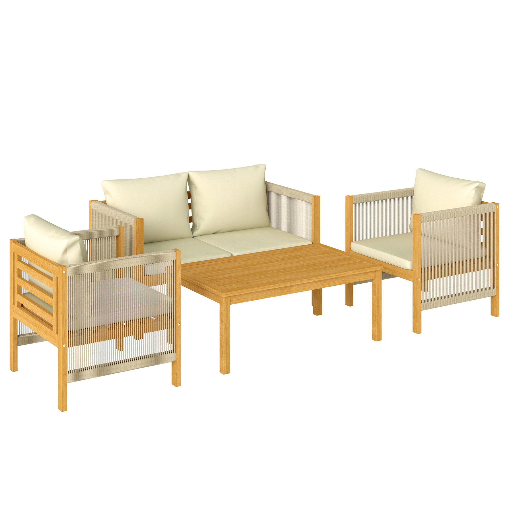 Outsunny Gartenmöbel Set Holz Sitzgruppe für 4 Personen Gartenlounge mit 2er Sofa 2 Sessel Tisch Seilflecht Lamellendesign waschbar Kissen, Outdoor Balkonmöbel Terrassenmöbel für Garten Balkon Beige   Aosom