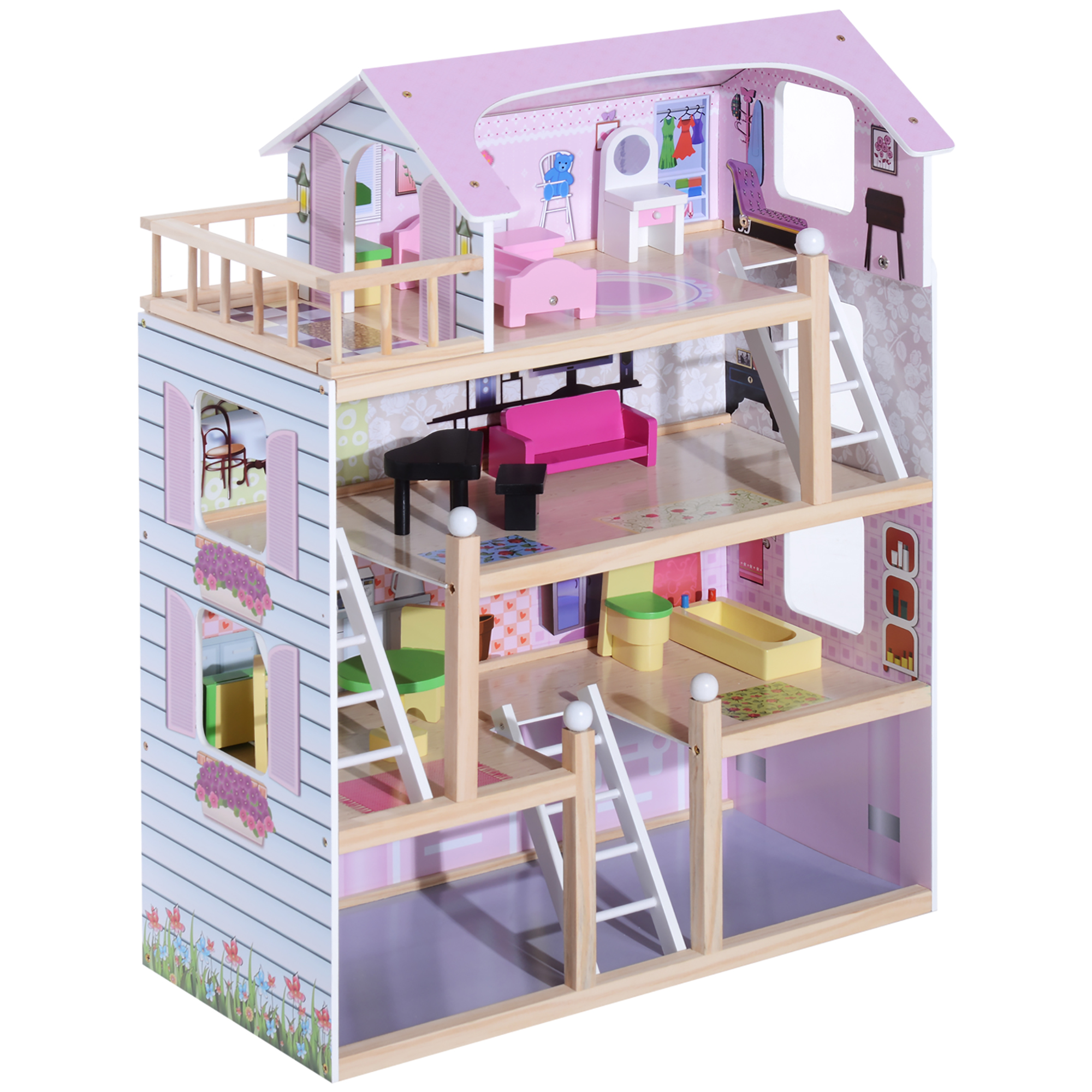 HOMCOM Puppenhaus Puppenstube aus Holz für Kinder ab 3 Jahren Dollhouse 4 Etagen mit Möbel und Zubehör Spielzeug 60 x 30 x 80 cm   Aosom