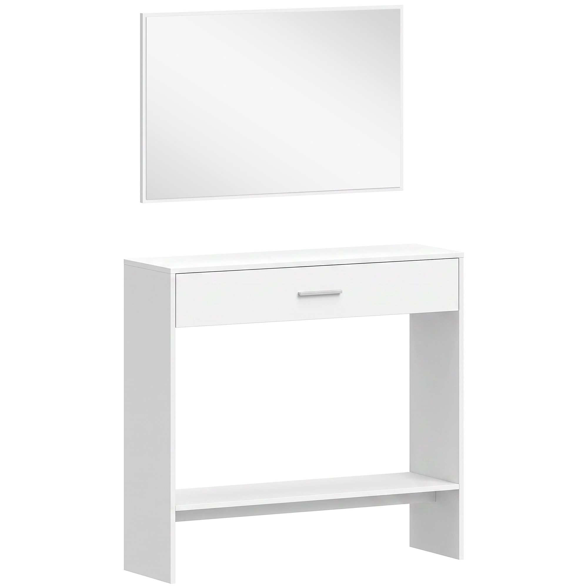 HOMCOM Flurmöbel mit Spiegel, Schublade und Ablage, 2-teiliges Set mit Konsolentisch und Spiegel, mit Antikipp-Schutz, für Flur, 91,5x27,9x85,5 cm, Weiß Aosom