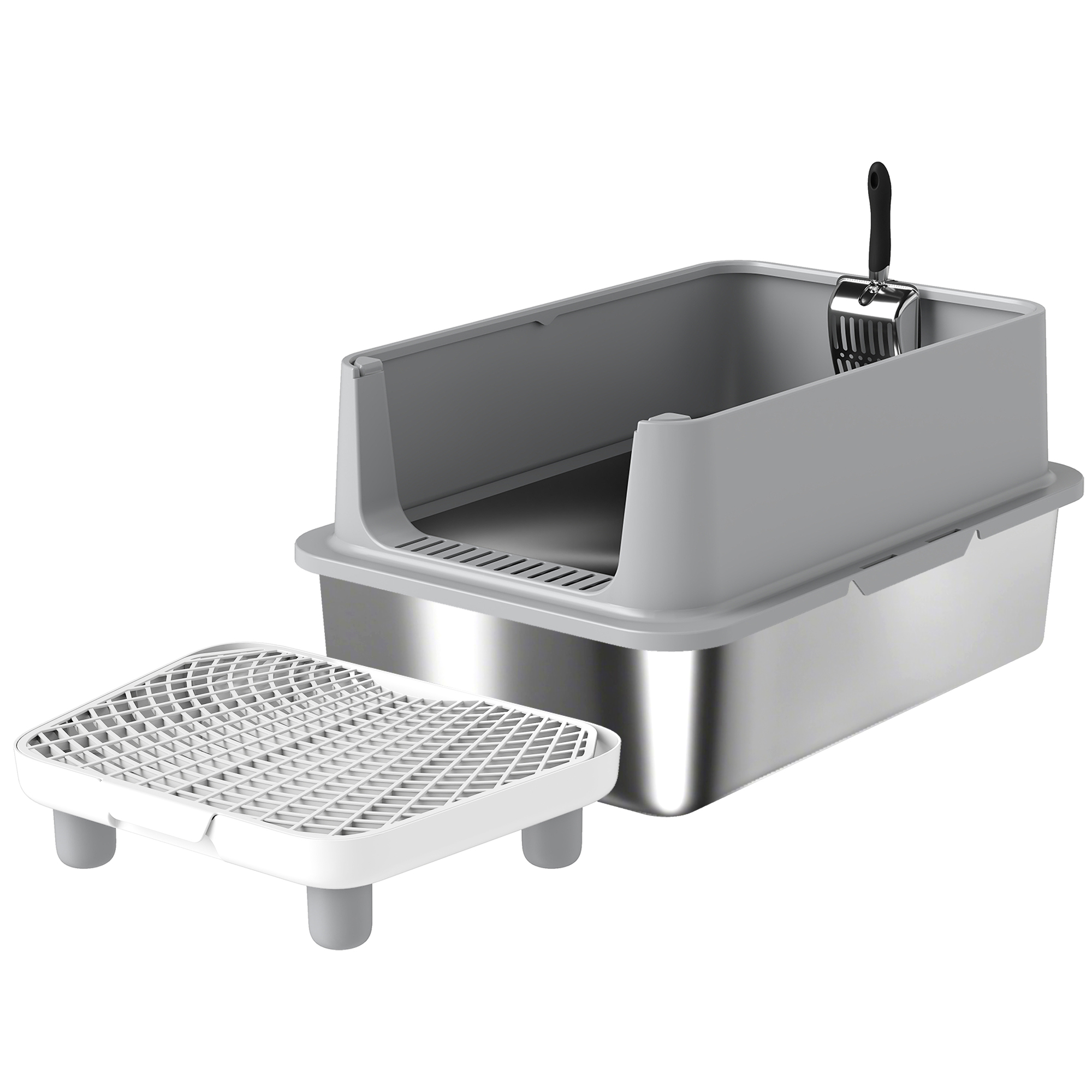PawHut XL Katzentoilette aus Edelstahl, Katzentoilette für große Katzen, hohe Seitenwände, Trittplatte und Filtermatten gegen Streuverlust, Schaufel, einfache Reinigung, 60,2x40,2x29,6cm, Grau   Aosom