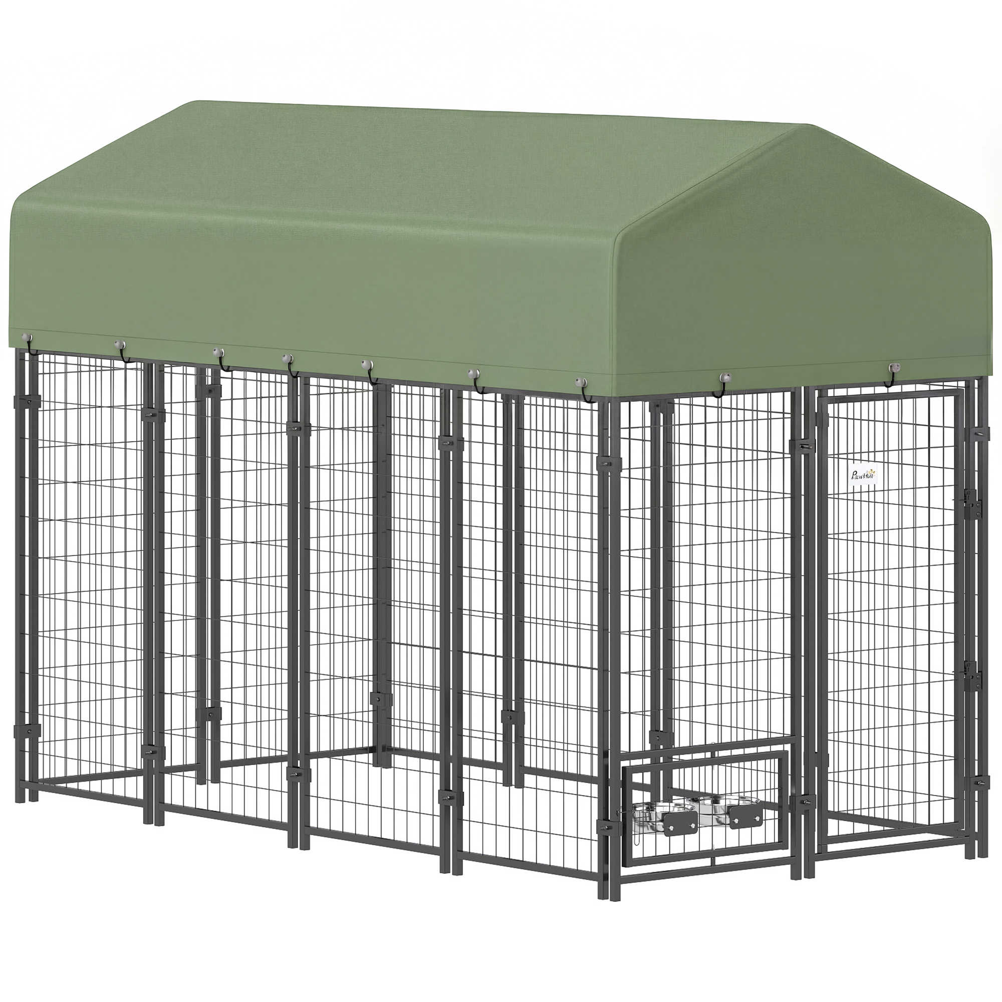 PawHut großer Außen-Hundezwinger, Hundebox aus Stahl 244 x 122 x 183 cm, UV-beständiges wasserdichtes Dach, umkehrbare Tür, 2 höhenverstellbare Drehnäpfe, 2 Schlösser, Welpenkennel, Grün Aosom