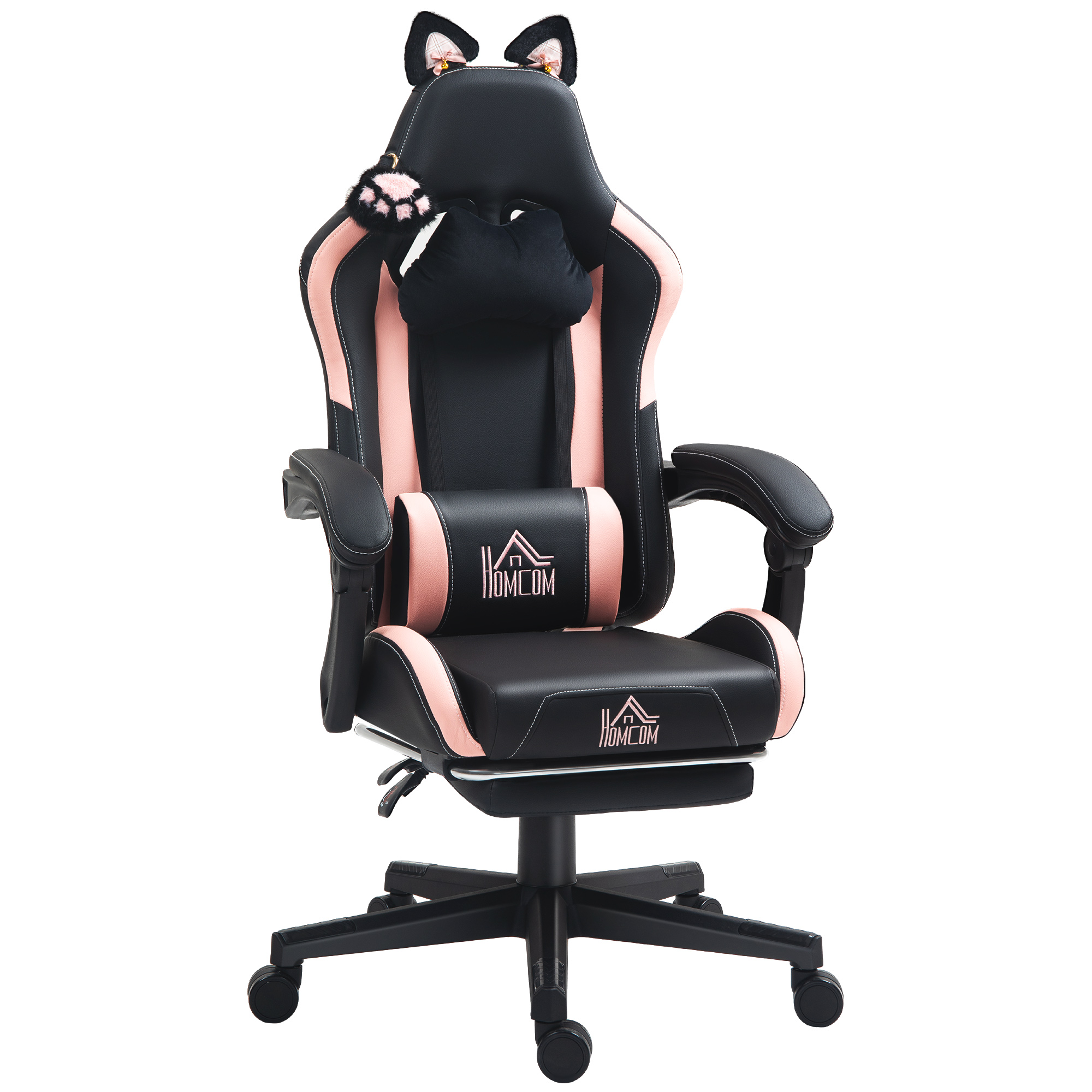 HOMCOM Gaming-Stuhl, Ergonomischer Gamer-Stuhl mit Lendenwirbelstütze, Fußstütze, Gaming-Sessel mit Katzenohren, Kopfkissen, Höhenverstellbar Bürostuhl mit Liegefunktion, Kunstleder, Schwarz Aosom
