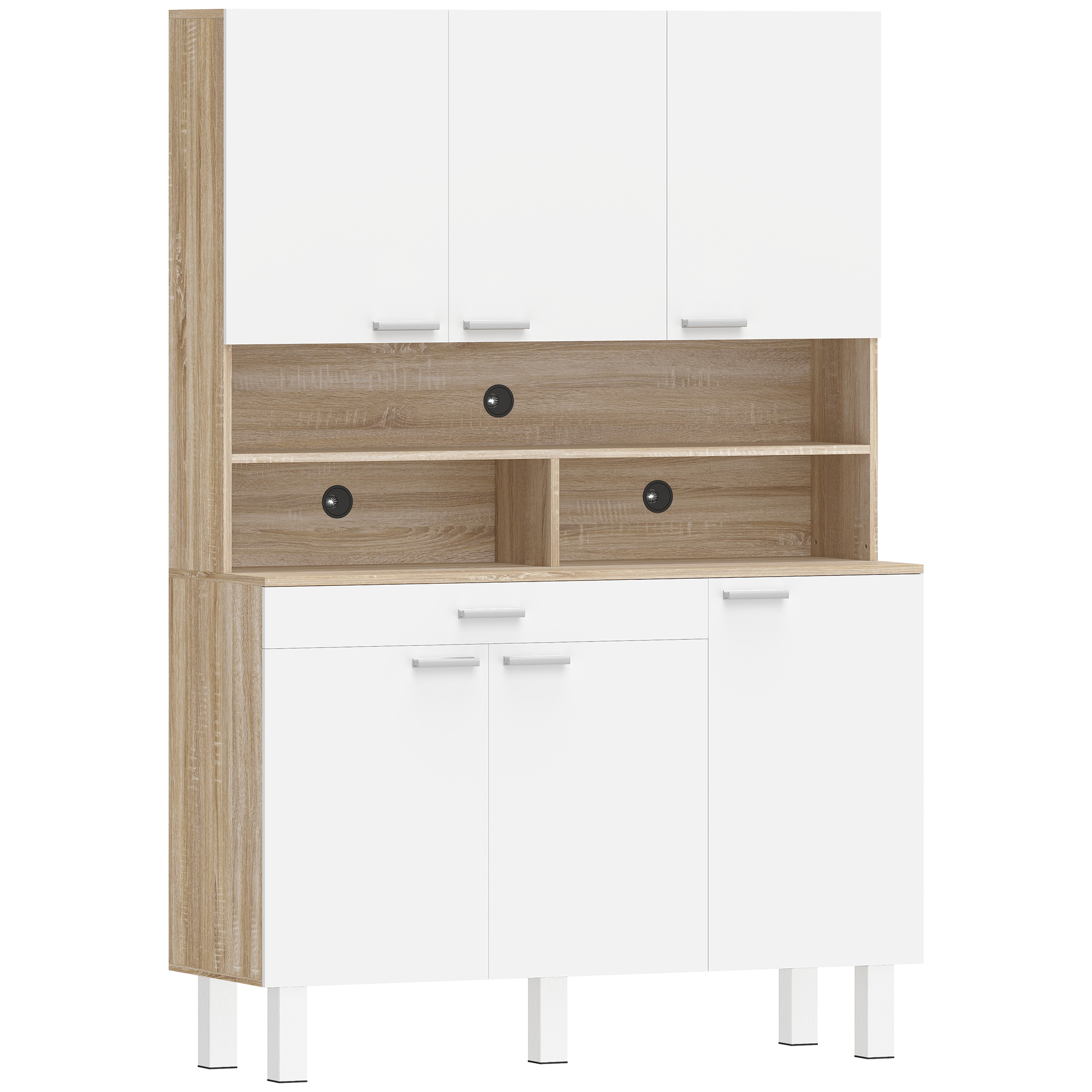 HOMCOM Küchen-Hochschrank, Küchenmöbel mit 6 Türen und großer Schublade, Regale, große Arbeitsfläche für Mikrowelle, für Esszimmer, Wohnzimmer, 120x40x175 cm, Weiß und Natur Aosom