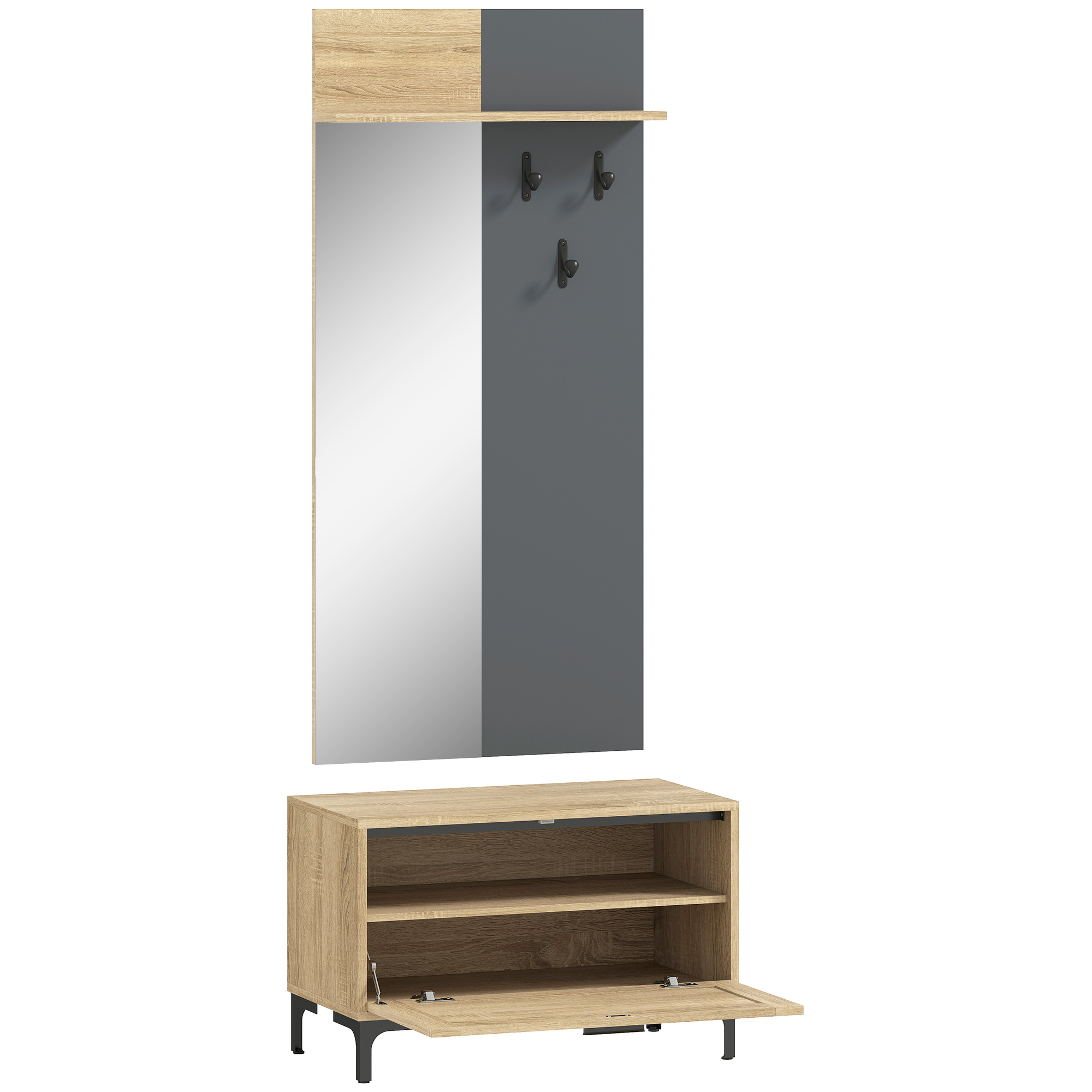 HOMCOM Garderobe Set, Garderobe mit Spiegel, Haken, Schuhbank, Ablage, Garderobenständer, Garderobenset, Flurgarderobe mit Klappschublade, für den Flur, 60 x 13,5 x 127,5 cm, Naturholz   Aosom