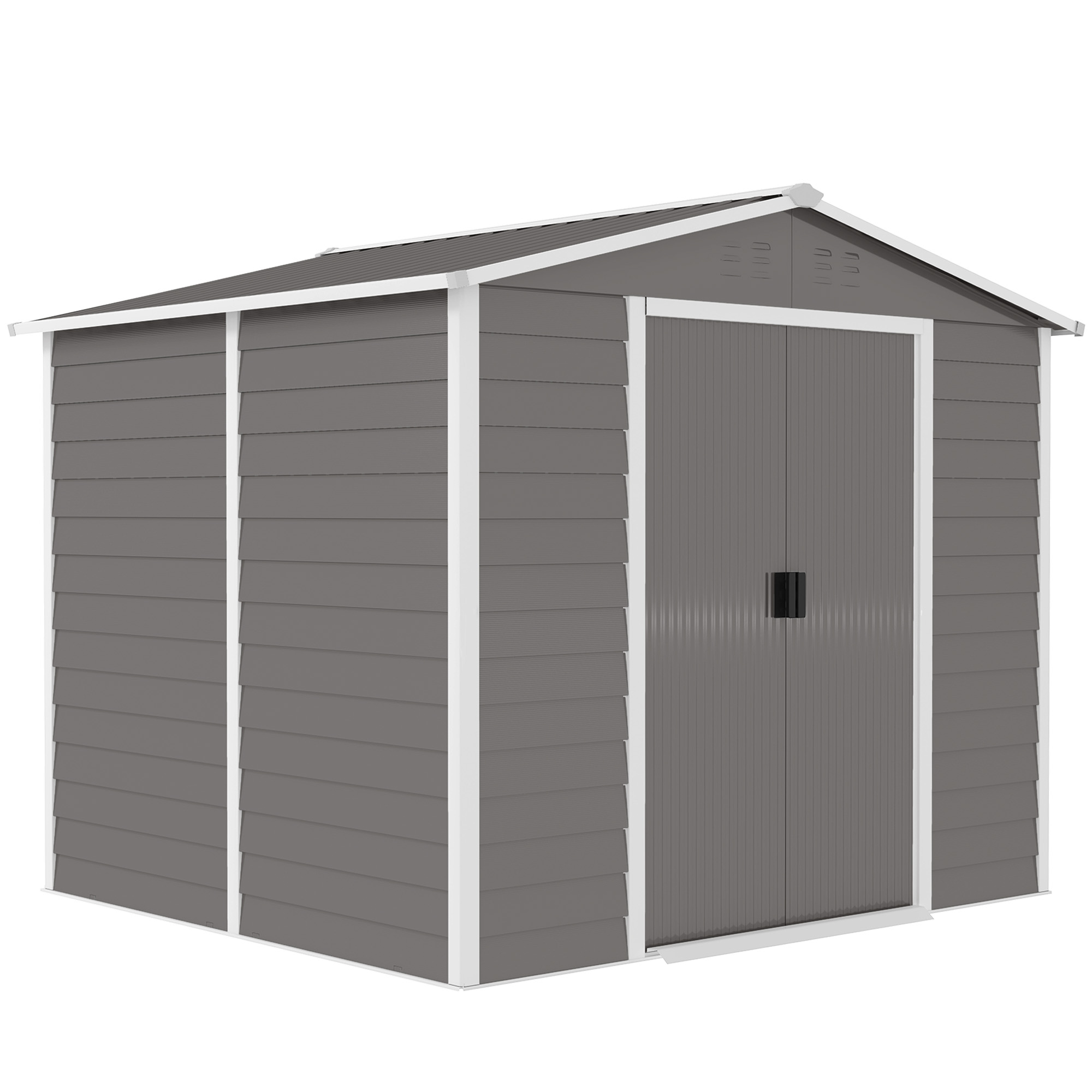 Outsunny Gerätehaus 4,4 m², Gartenhaus mit Pultdach, Schiebetür, Fundament, Einfach Montage 240 x 206 x 198 cm, Geräteschuppen aus Verzinkter Stahl, wetterfest, für Garten, Hellgrau   Aosom