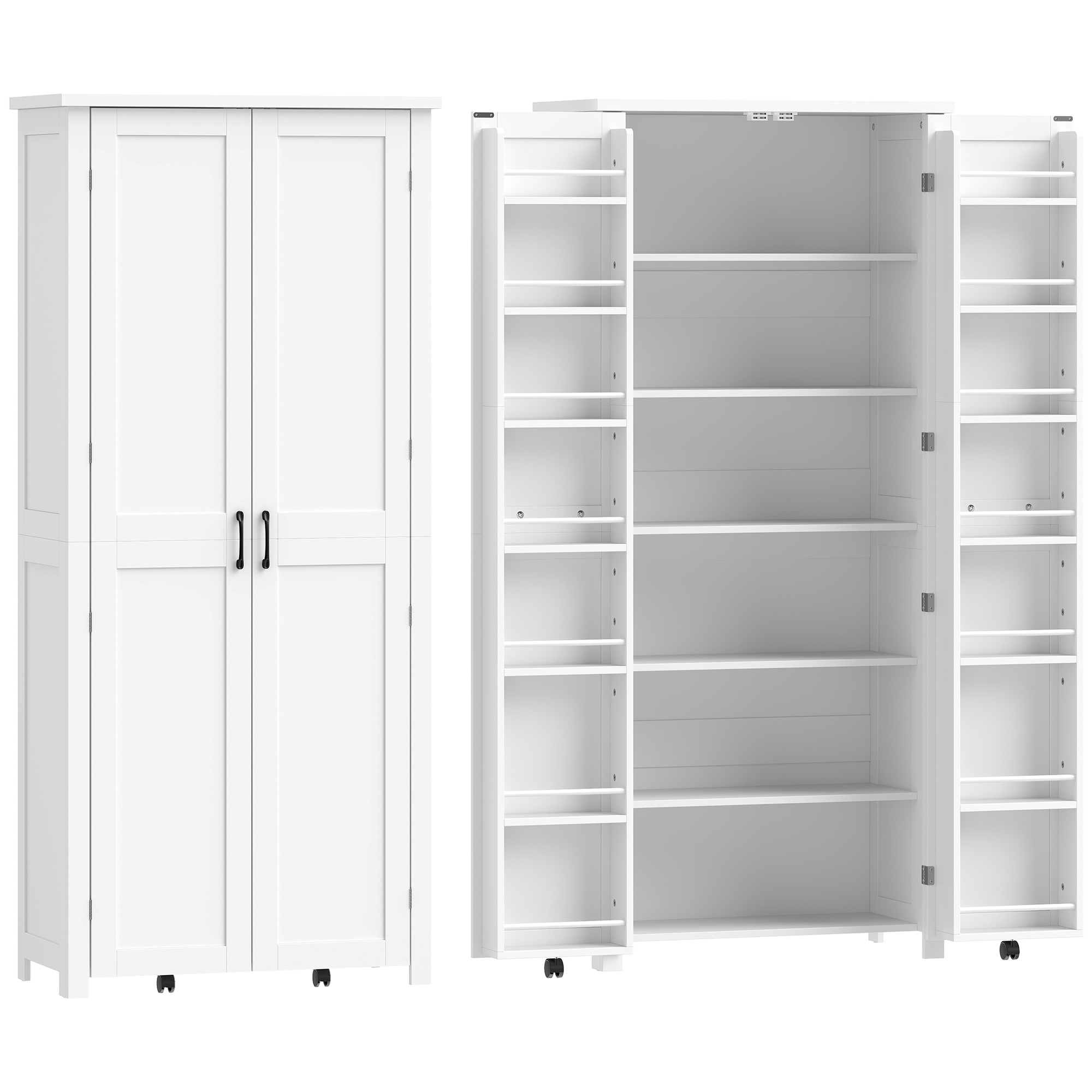 HOMCOM Hoher Küchenschrank 180 cm, Vorratsschrank mit Rollen, Doppeltür, 6 Böden, 14 Gewürzfächer an der Tür, Verstellbare Böden, Küchenschrank für Esszimmer/Wohnzimmer, Weiß Aosom
