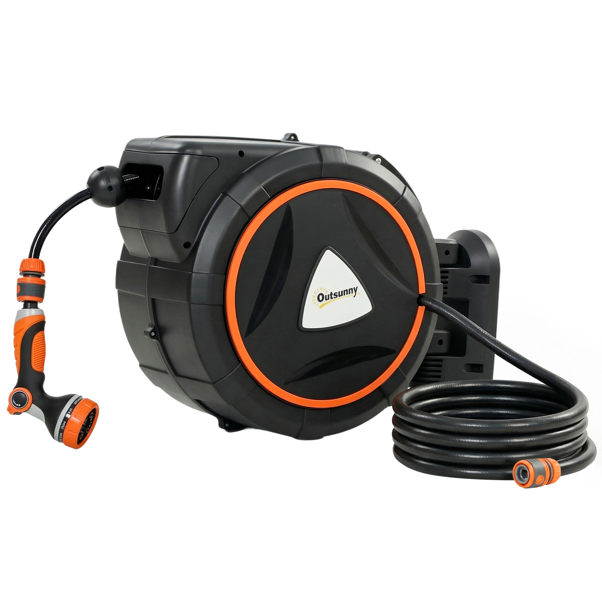 Outsunny Retraktabler Gartenschlauch 28+2 m mit Wasserschlauch, Wand-Aufroller automatisch 180° schwenkbar mit Arretierung und 12 Düsen, Bewässerungsaufroller, Orange   Aosom