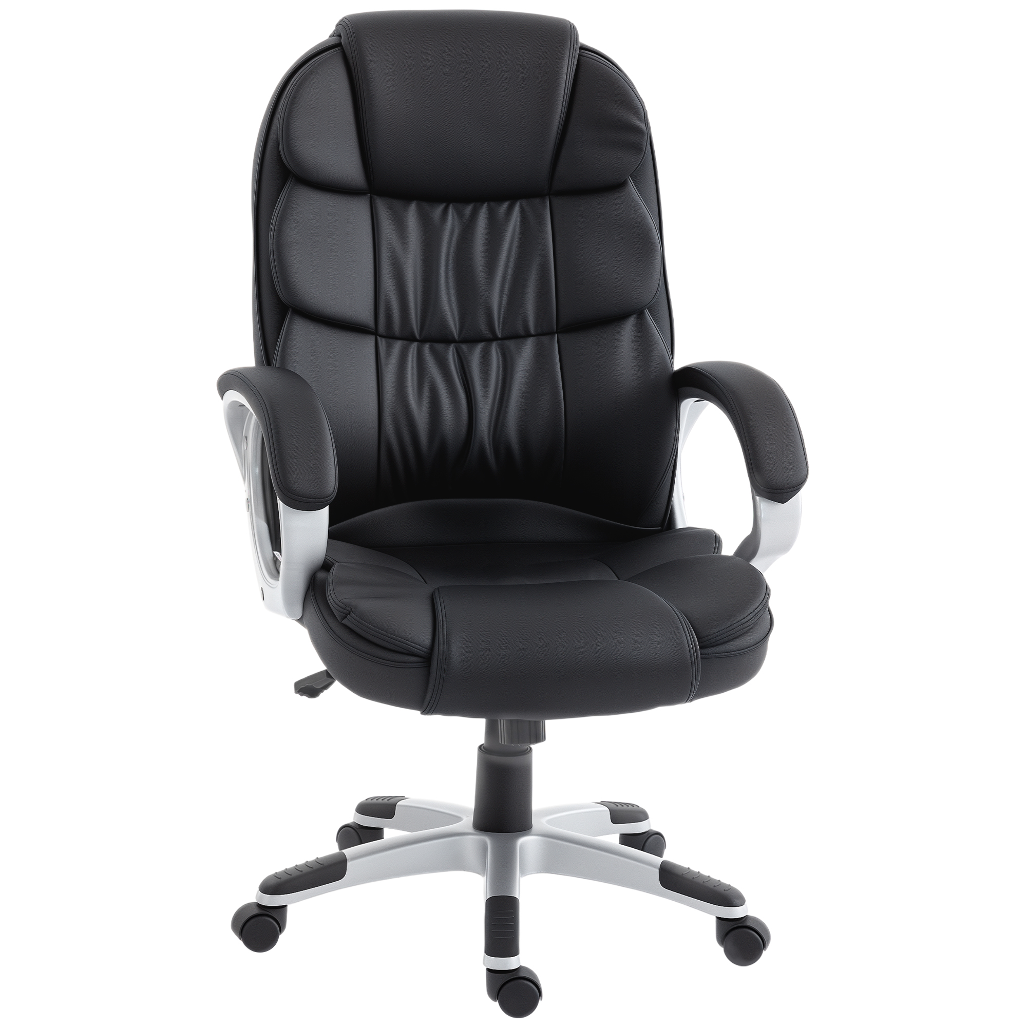 HOMCOM Ergonomischer Bürostuhl, gepolsterter drehbarer Schreibtischstuhl aus PU-Leder, hohe gebogene Rückenlehne, Wippfunktion, gepolsterte Armlehnen, höhenverstellbar, Bürostuhl für Büro und Homeoffice, Schwarz Aosom