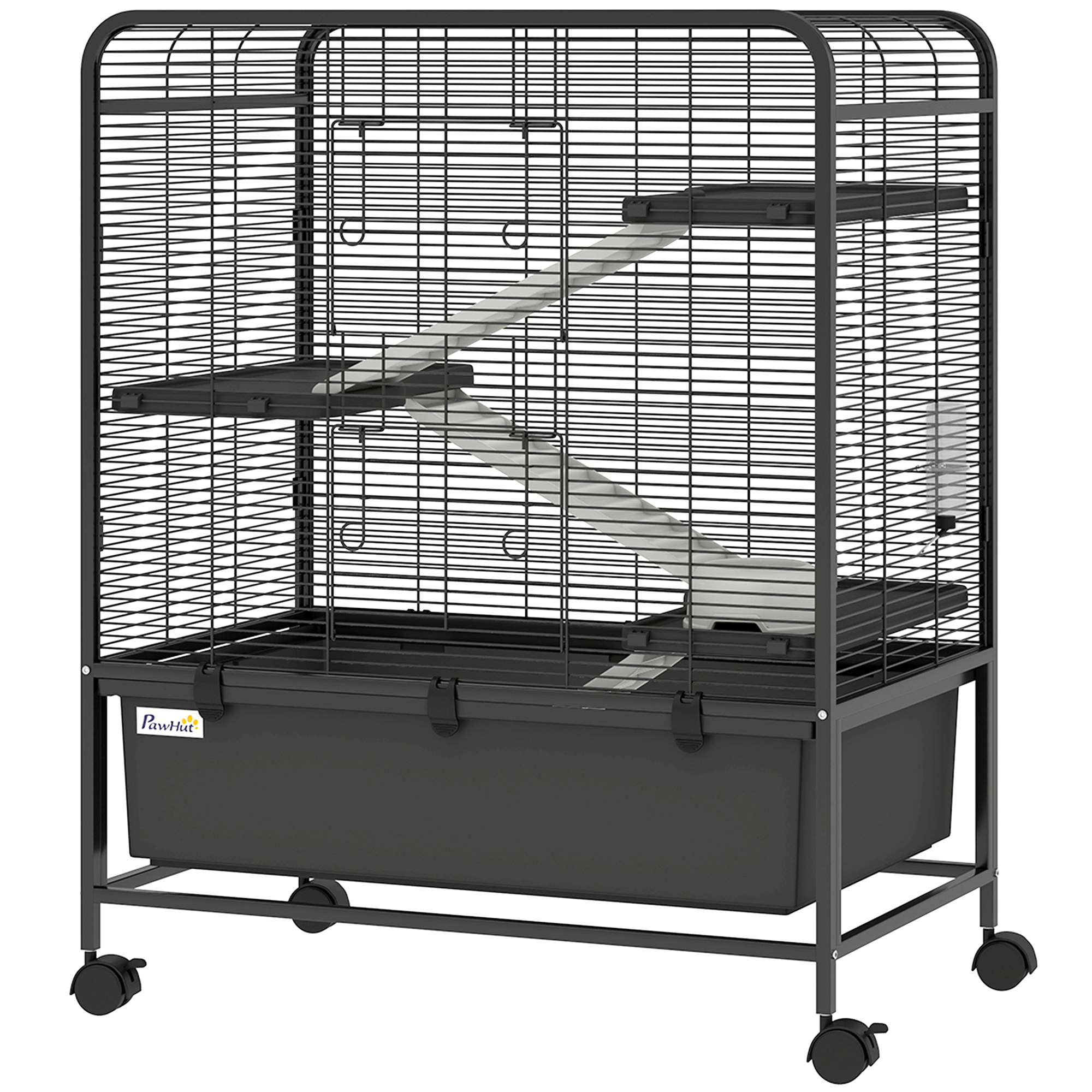 PawHut 4-stöckiger Kaninchenkäfig aus Stahl mit Plattformen, Rampen, Rollen, Wasserbehälter, Futterschale und abnehmbarem Boden, Hamster-, Meerschweinchen-, Frettchenkäfig, 75x46x94.5 cm, Schwarz Aosom