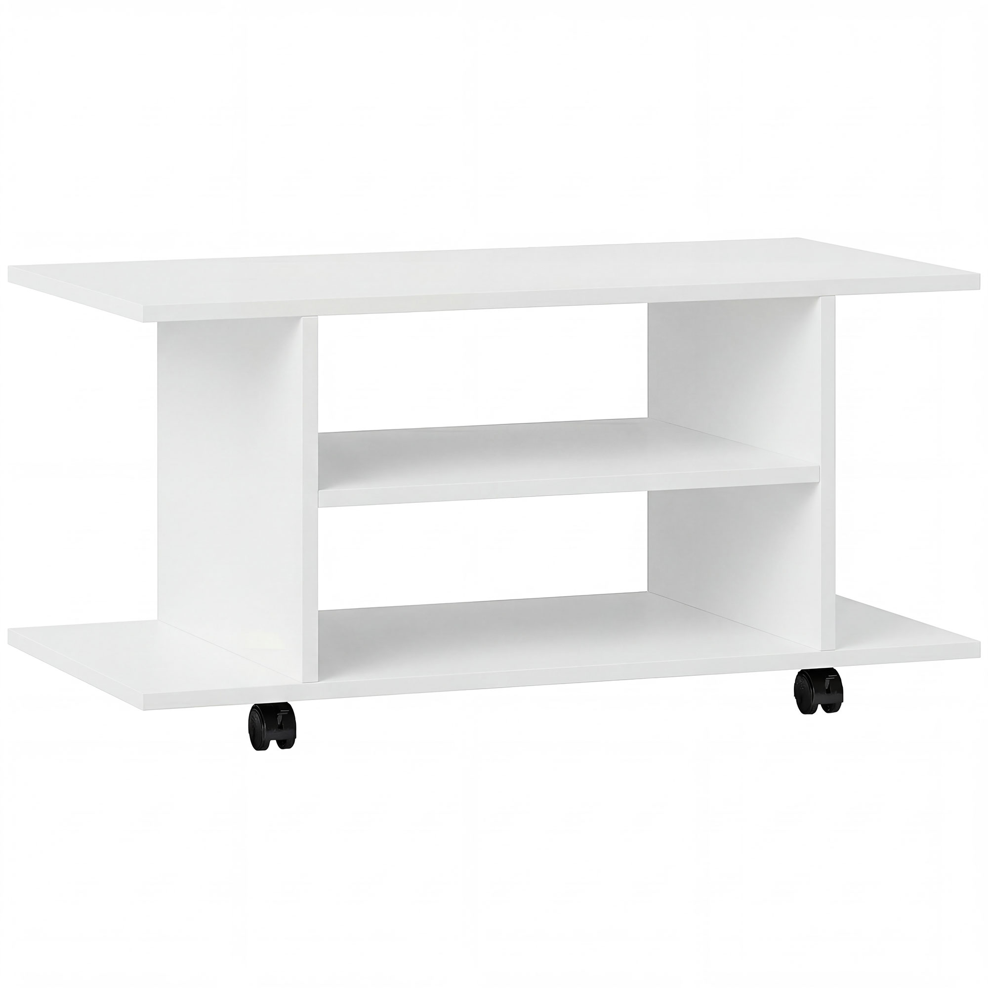 HOMCOM Modernes TV-Möbel mit Ablagen, TV-Schrank für 106,7 cm mit lenkbaren Rollen und Bremsen, 2 kleine Seitenablagen für Wohnzimmer und Schlafzimmer, 80x40x40 cm, Weiß   Aosom