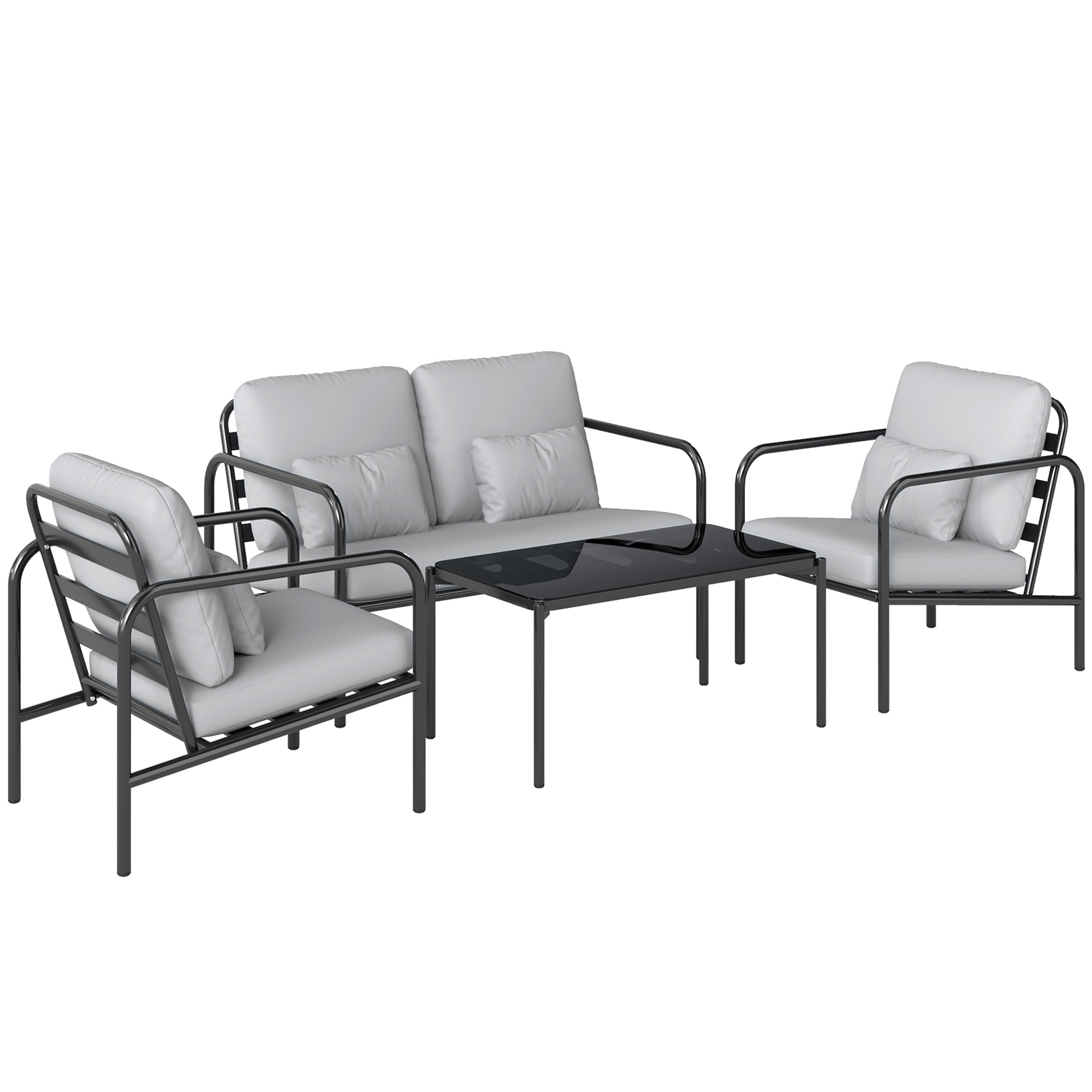 Outsunny 4-teiliges Gartenlounge-Set, Stahl-Gartenmöbel mit 2-Sitzer-Sofa, 2 Sesseln, Couchtisch aus Glas, dicke Polster, Lendenkissen, Outdoor-Lounge, Hellgrau   Aosom