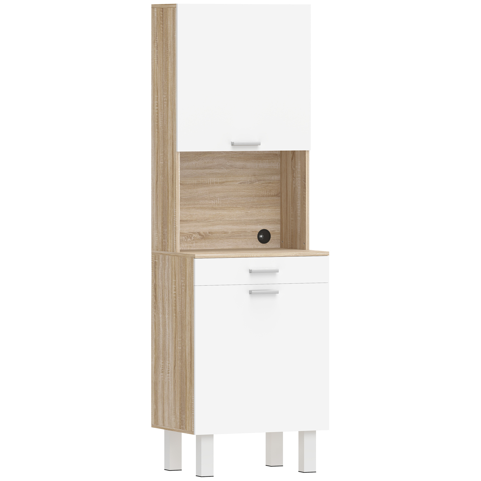 HOMCOM Hoher Küchenschrank, Küchenschrank, Vitrine mit 2 Türen, Schublade und Arbeitsfläche, moderner Stil, Aufbewahrungsmöbel für Wohn- und Esszimmer, 55x40x174 cm, weiß und Naturholz   Aosom