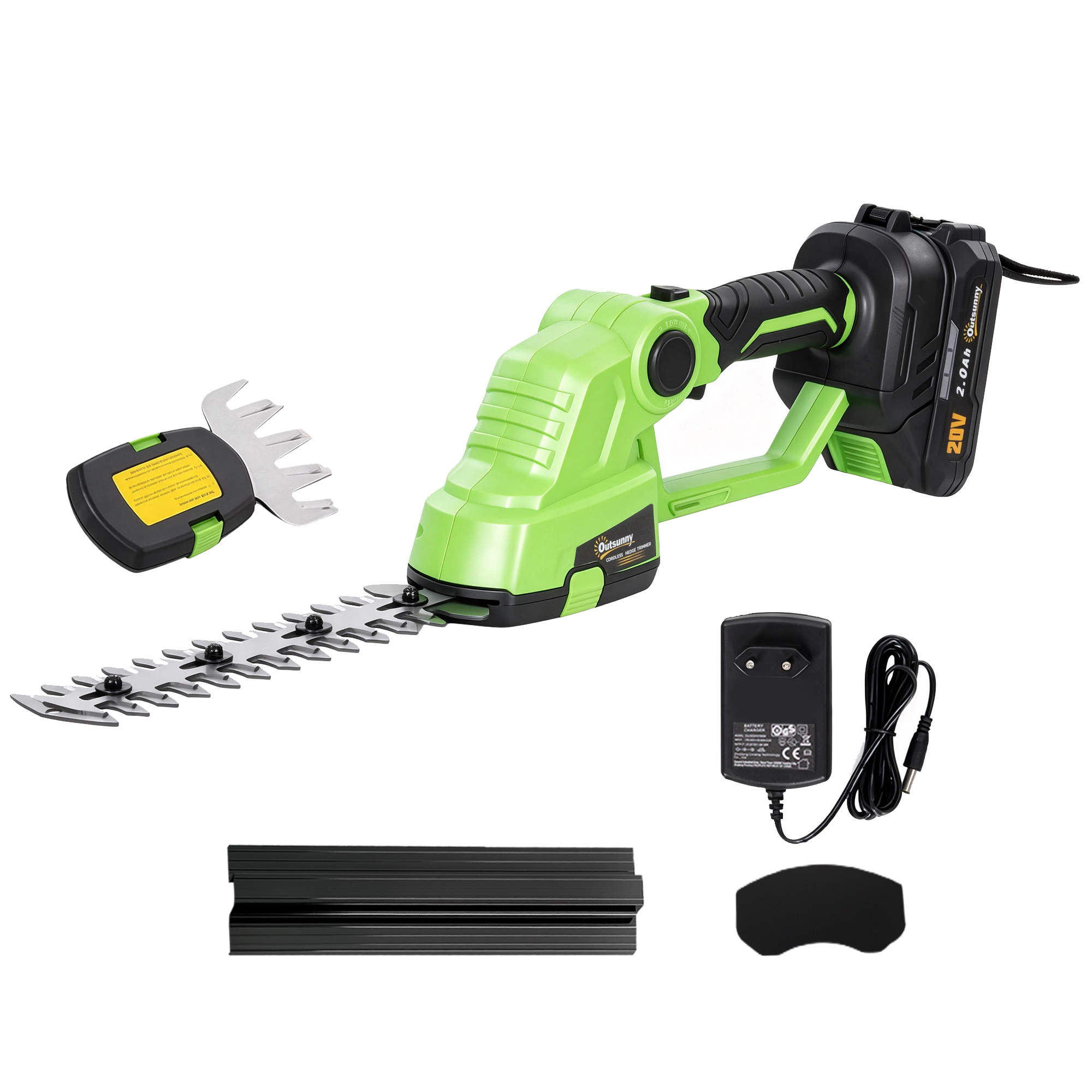 Outsunny 2-in-1 Akku Heckenschere Elektrischer Hecken & Strauchschere mit 20/10cm Schnittlänge, Ladegerät, 18V Akku 2,0 Ah für Äste, Sträucher, Zweige, Grün   Aosom