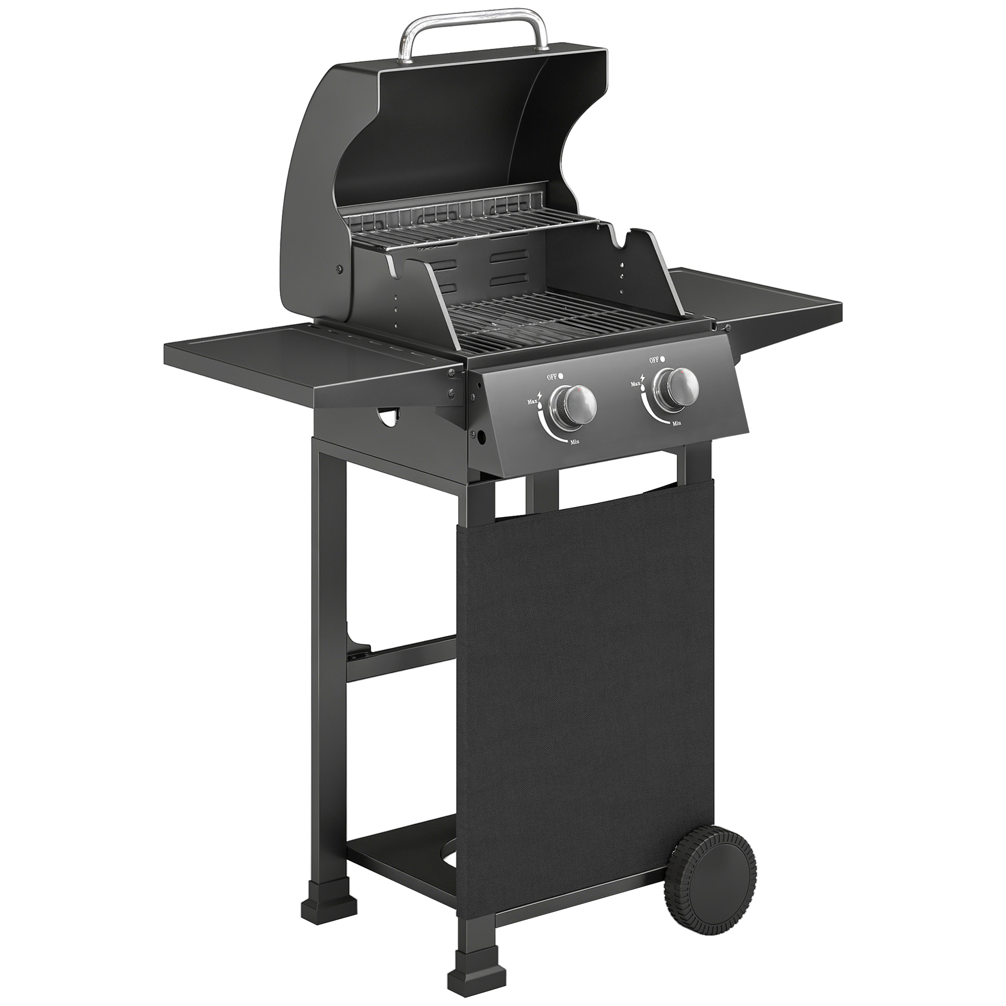 Outsunny Gasgrill 5,4 KW 2 Brenner Stahl BBQ Grillwagen inkl klappbar Seitentisch Thermometer verchromter Grillrost Warmhalterost Rolle Unterschrank, Gas-Grill für Balkon Party BBQ Schwarz Aosom
