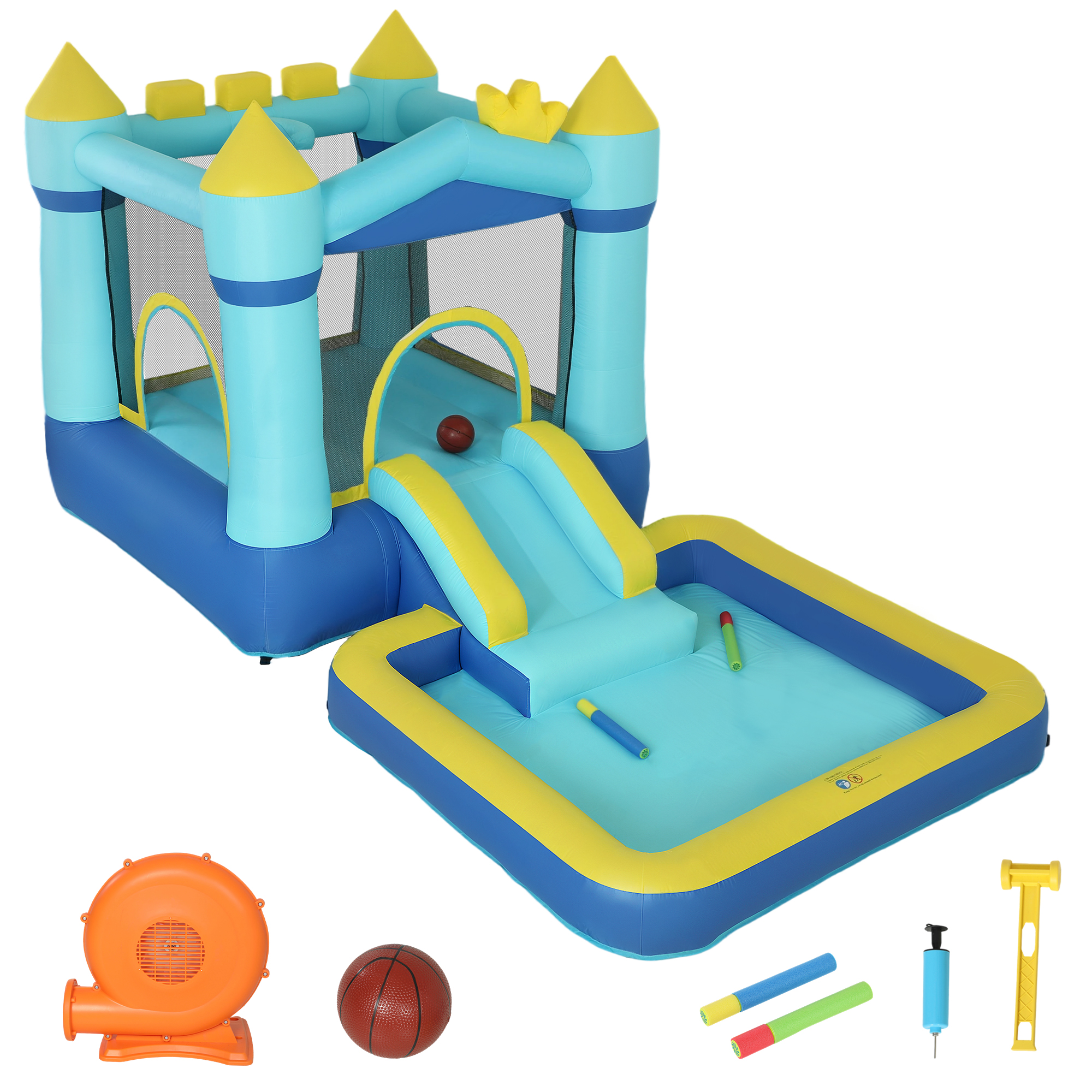 AIYAPLAY Hüpfburg mit Gebläse Aufblasbar Spielcenter mit Rutsche Trampolin Planschbecken/Bällebad Basketballkorb Wasserpistole Bouncy Castle für 3-8 Jahre Kinder für Indoor & Outdoor 364x173x182 cm   Aosom