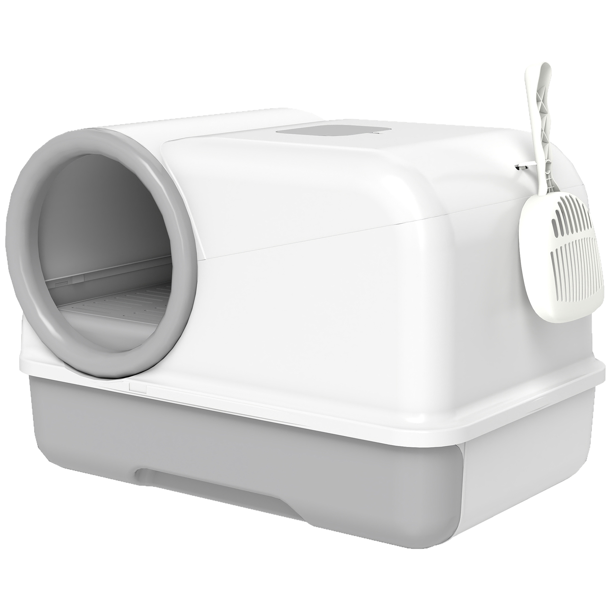 PawHut Katzentoilette mit Deckel Katzenklo mit Haube und Schaufel ausziehbares Tablett 2 Aktivkohlefilter Katzentoilette für Katzen bis 5 kg 59 x 39,5 x 39,5 cm Weiß+Grau   Aosom
