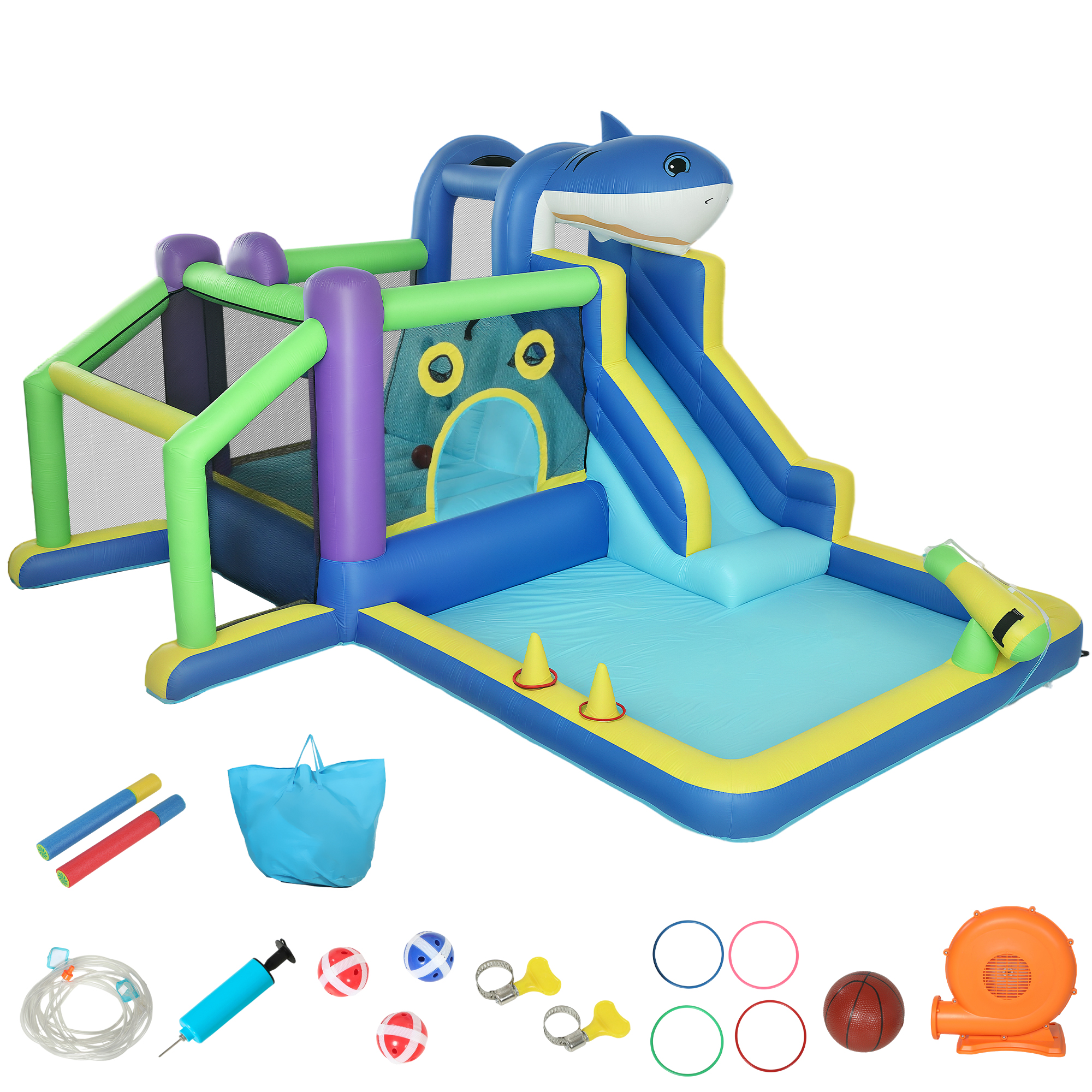 AIYAPLAY Hüpfburg mit Gebläse 8-in-1 aufblasbare Wasserpark mit Hai-Design Wasserrutsche Planschbecken Trampolin Kletterwand Basketballkorb Springburg für 3–8 Jahre für Indoor Outdoor 405x345x235cm   Aosom
