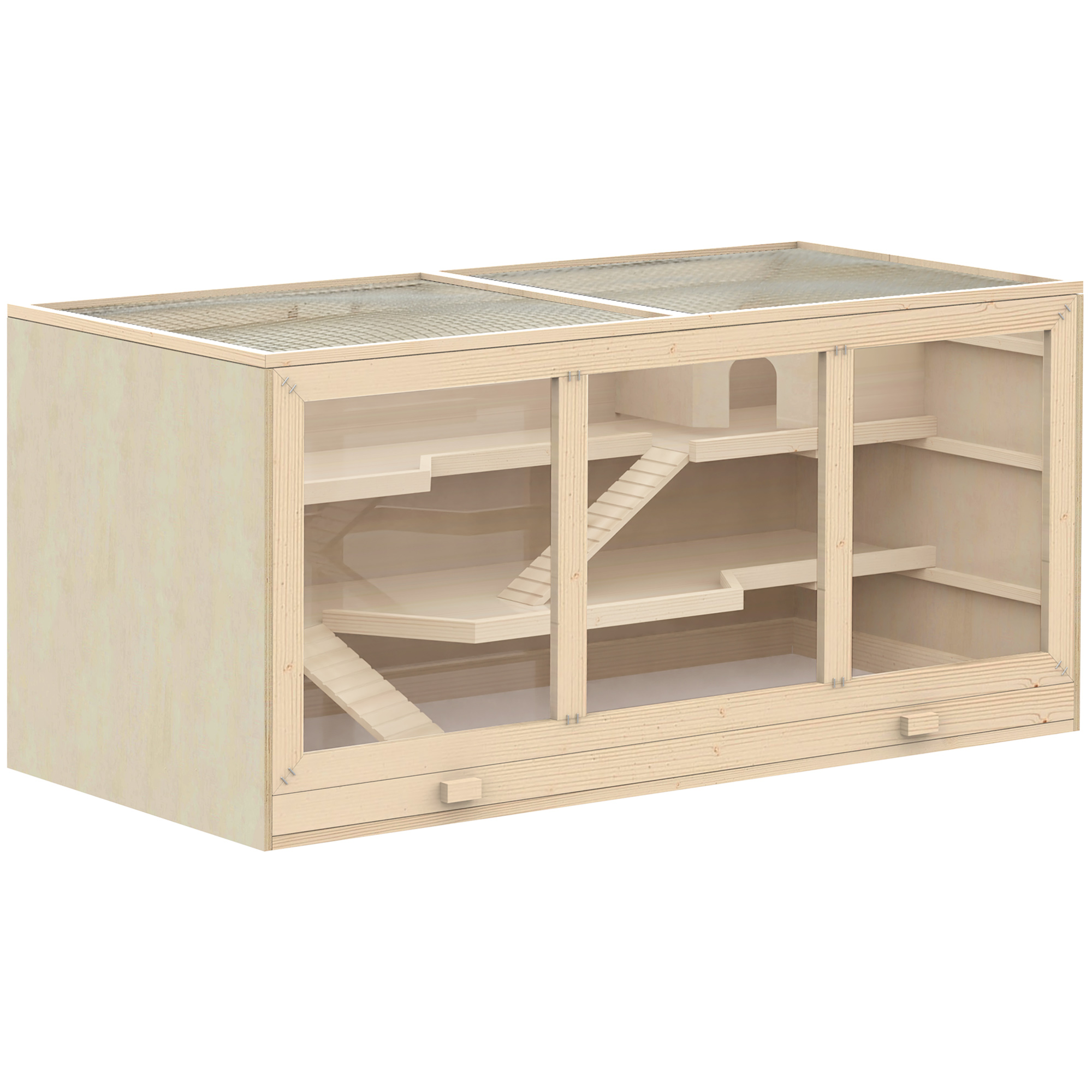 PawHut Hamsterkäfig aus Naturholz  Dreistöckiger Nagerkäfig mit Treppen, PVC, 115x57x55cm  Aosom