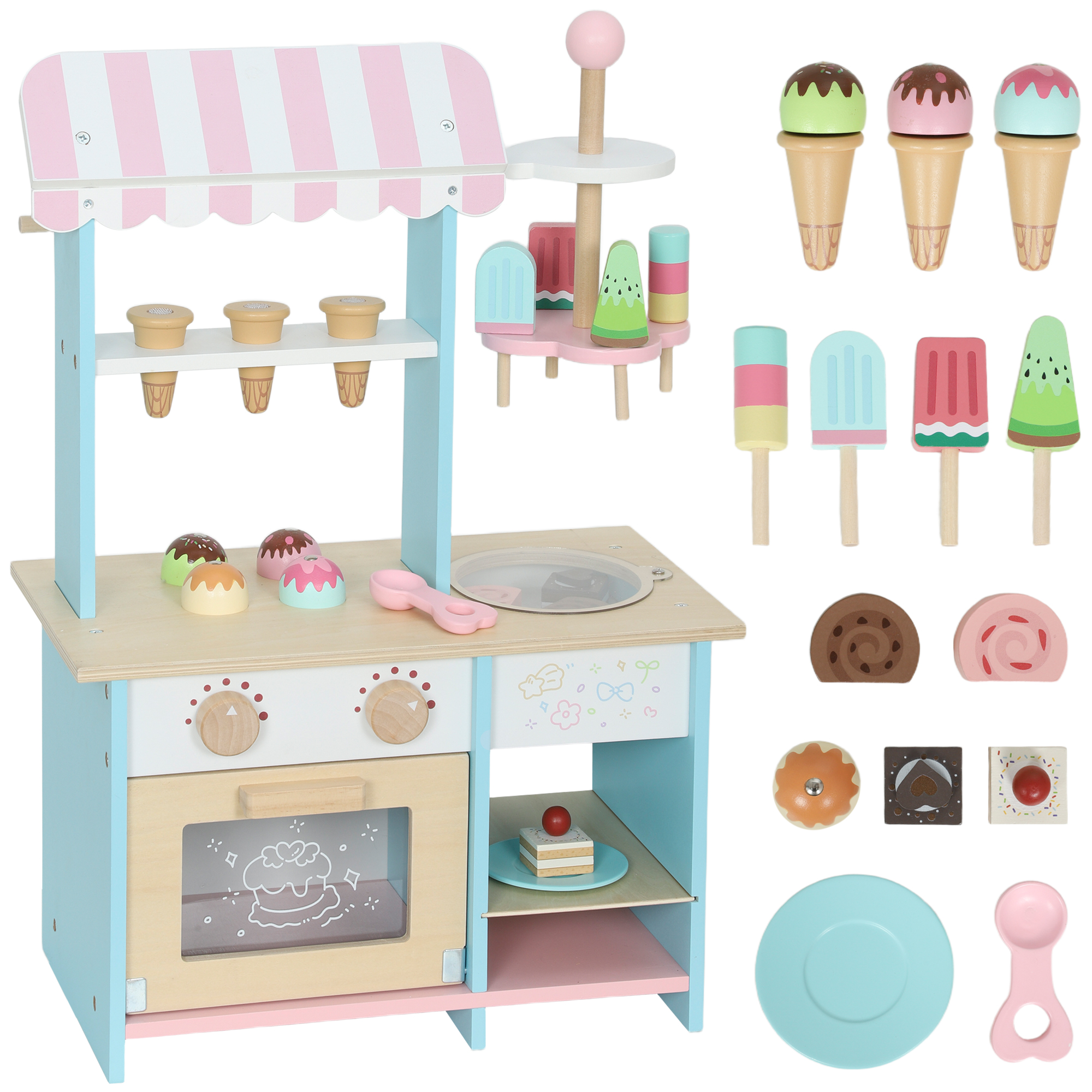 AIYAPLAY Eisdiele Kinder 17 Stück Eis Kinderküche mit Küchenzubehör, Eistheke Spielküche Eisladen Kinder Rollenspiele Montessori Spielzeug Geschenk für Jungen Mädchen ab 3 Jahre Aosom